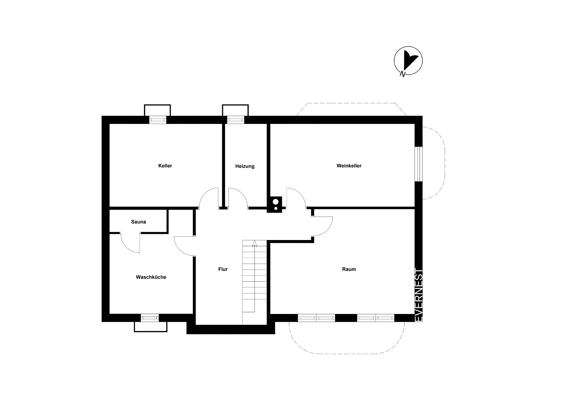 Grundriss mit Keller, Heizung, Weinkeller, Sauna, Waschküche, Flur und Raum.