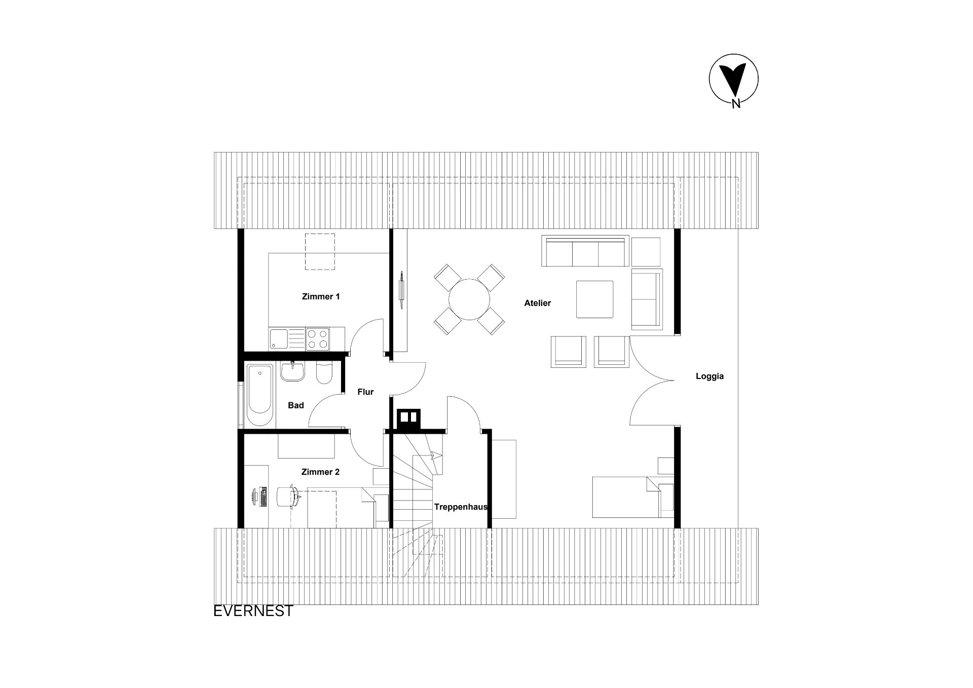 Grundriss einer Wohnung mit zwei Zimmern, Bad, Flur, Atelier, Treppenhaus und Loggia.