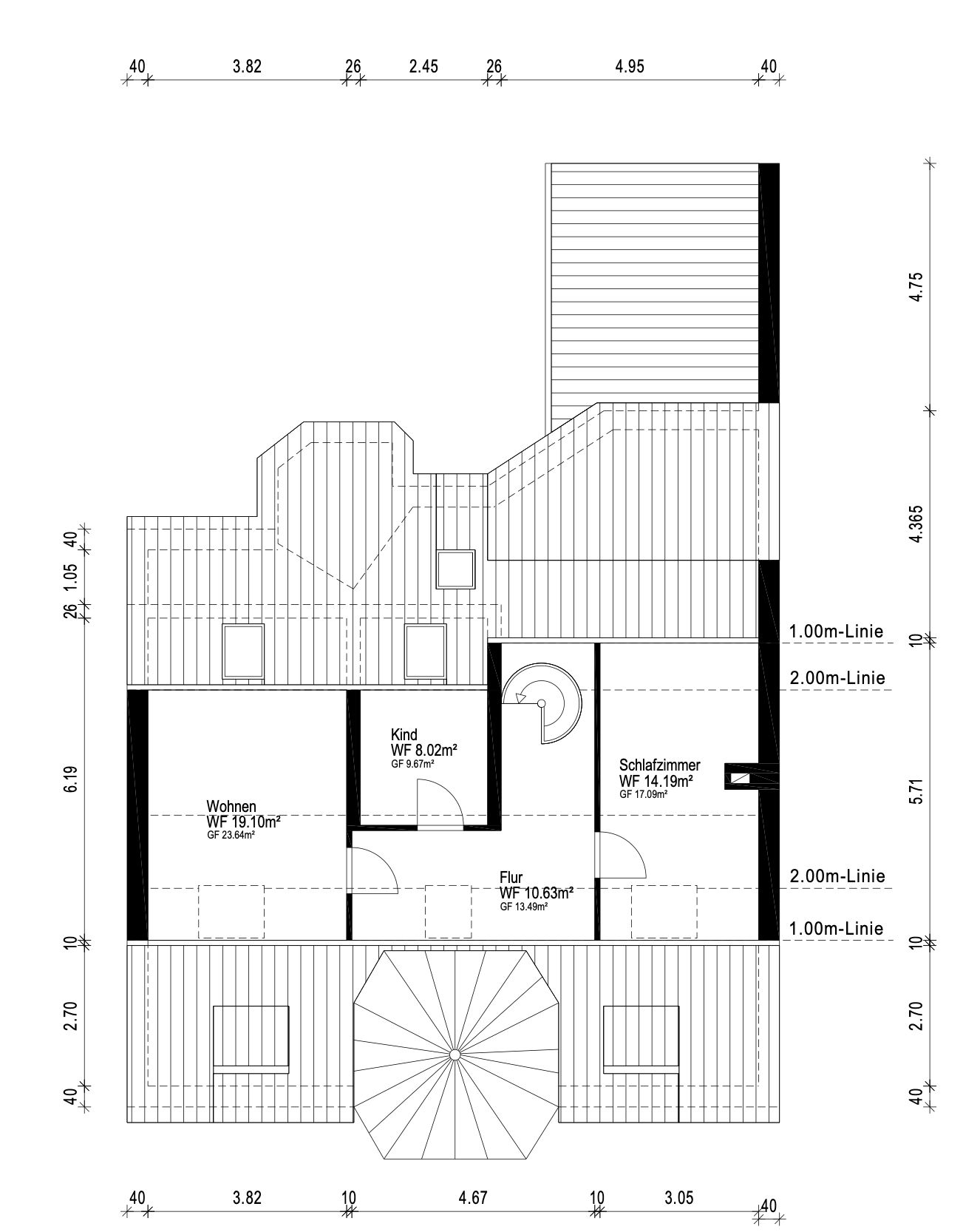 Grundriss mit Wohnzimmer, Schlafzimmer, Kinderzimmer und Flur, Maße und Türen sind sichtbar.
