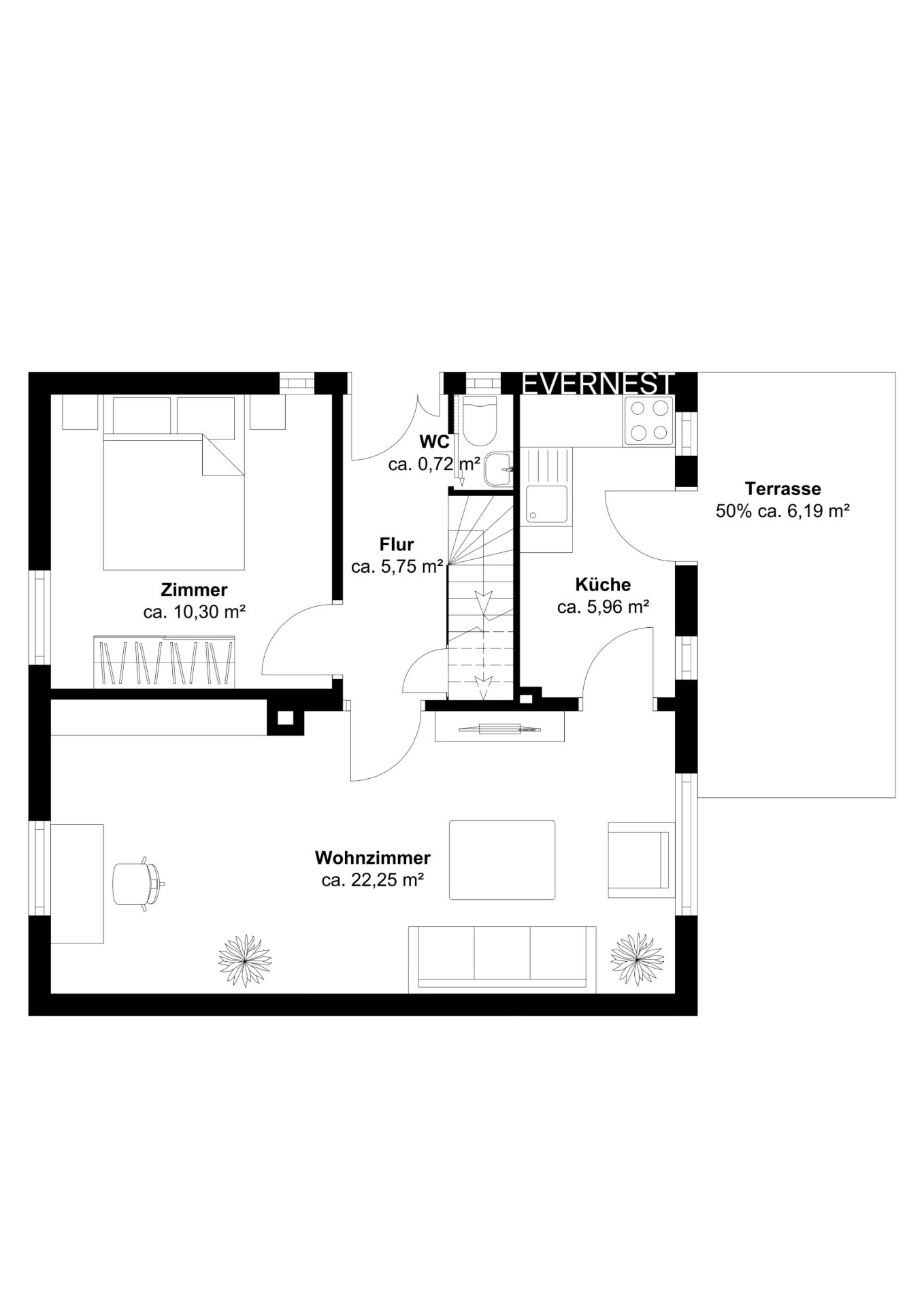 Grundriss mit Wohnzimmer, Zimmer, Küche, WC, Flur und Terrasse.