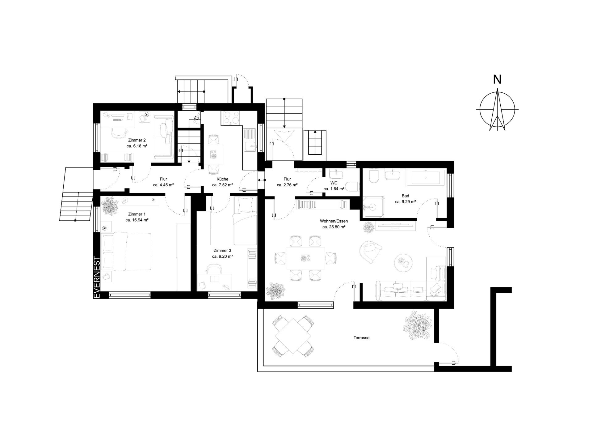 Grundriss einer Wohnung mit drei Zimmern, Wohnzimmer, Küche, Bad, WC und Terrasse.