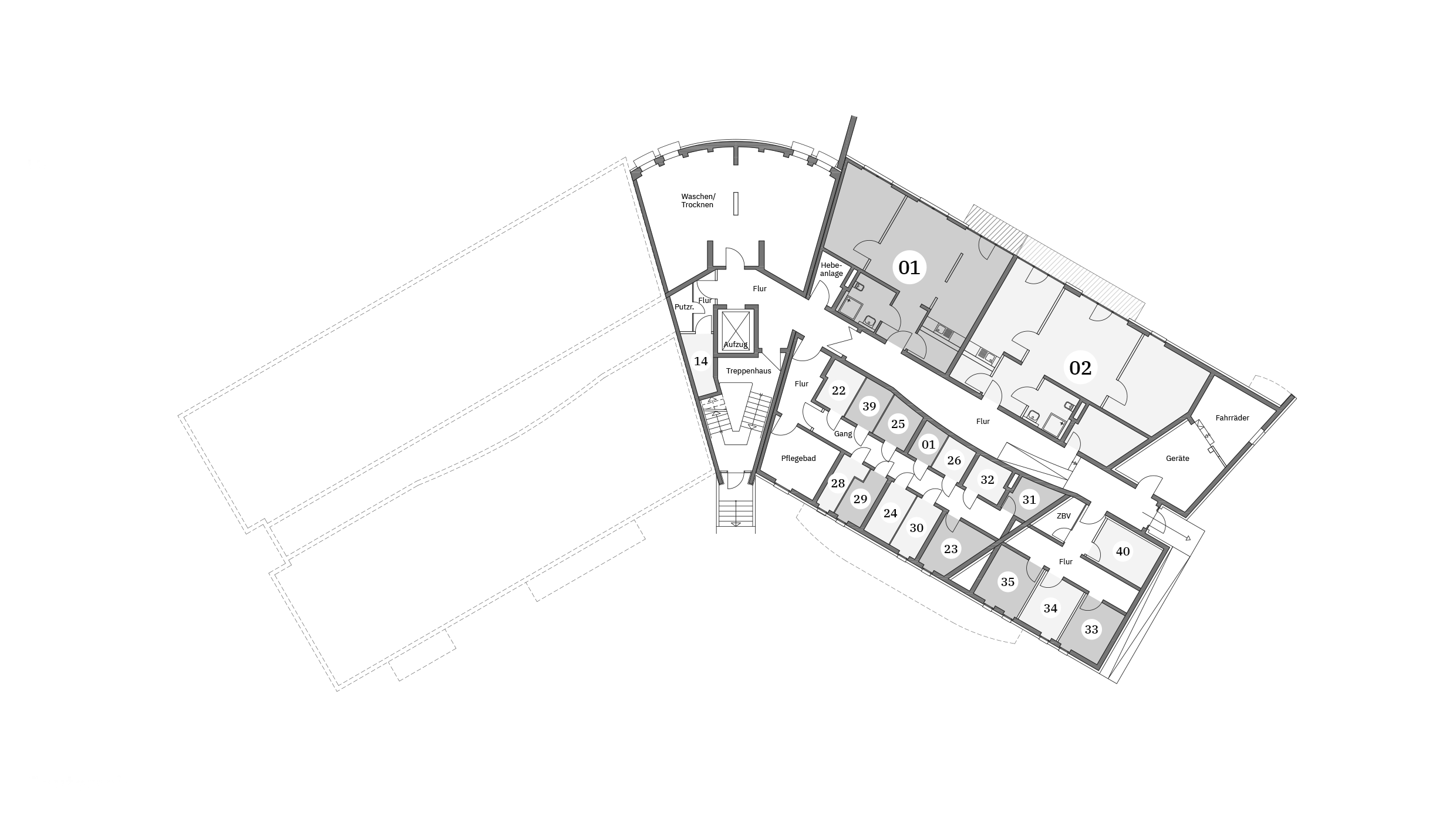 Grundriss eines Wohngebäudekellers mit nummerierten Räumen und Fluren.