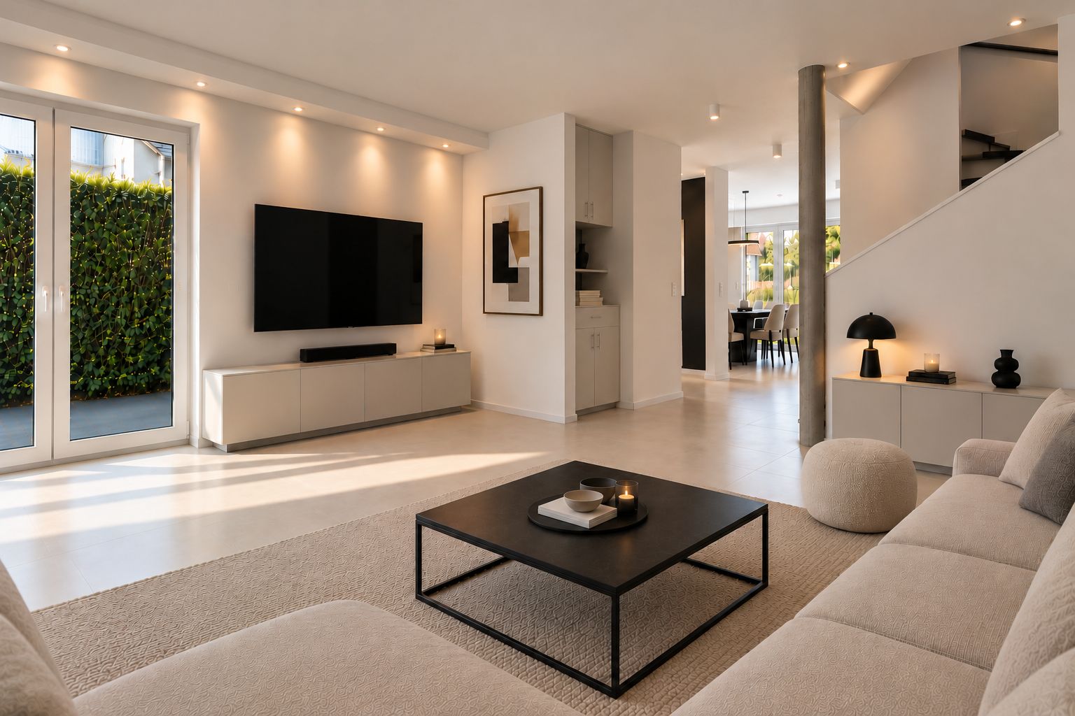 Modernes Wohnzimmer mit großem Sofa, Couchtisch, TV und viel Tageslicht durch Glastüren.