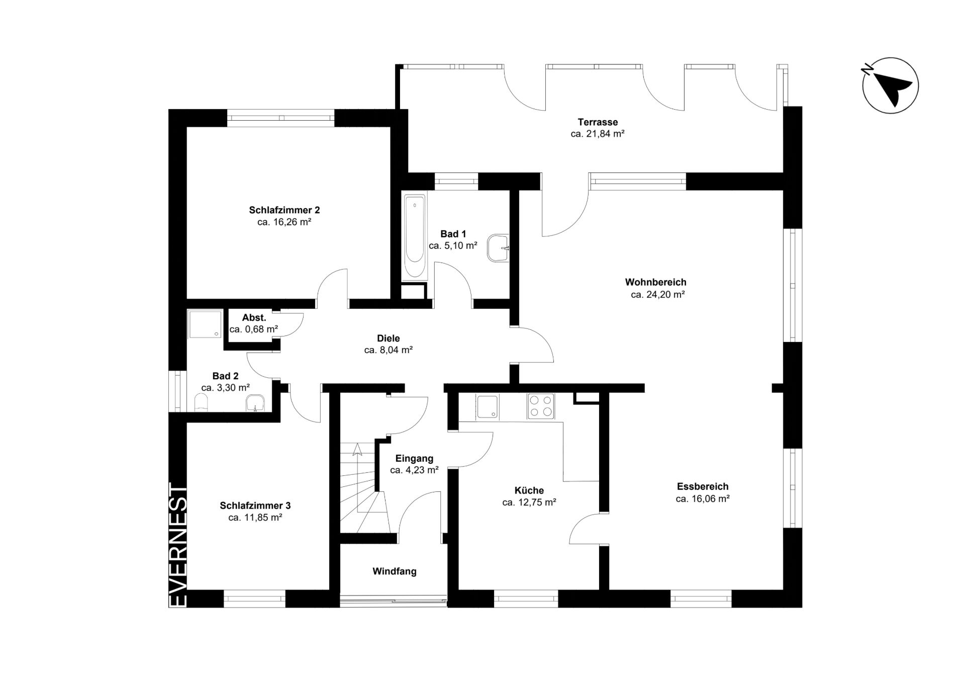 Grundriss einer Wohnung mit zwei Schlafzimmern, Küche, Wohnzimmer, Essbereich, zwei Bädern und Terrasse.