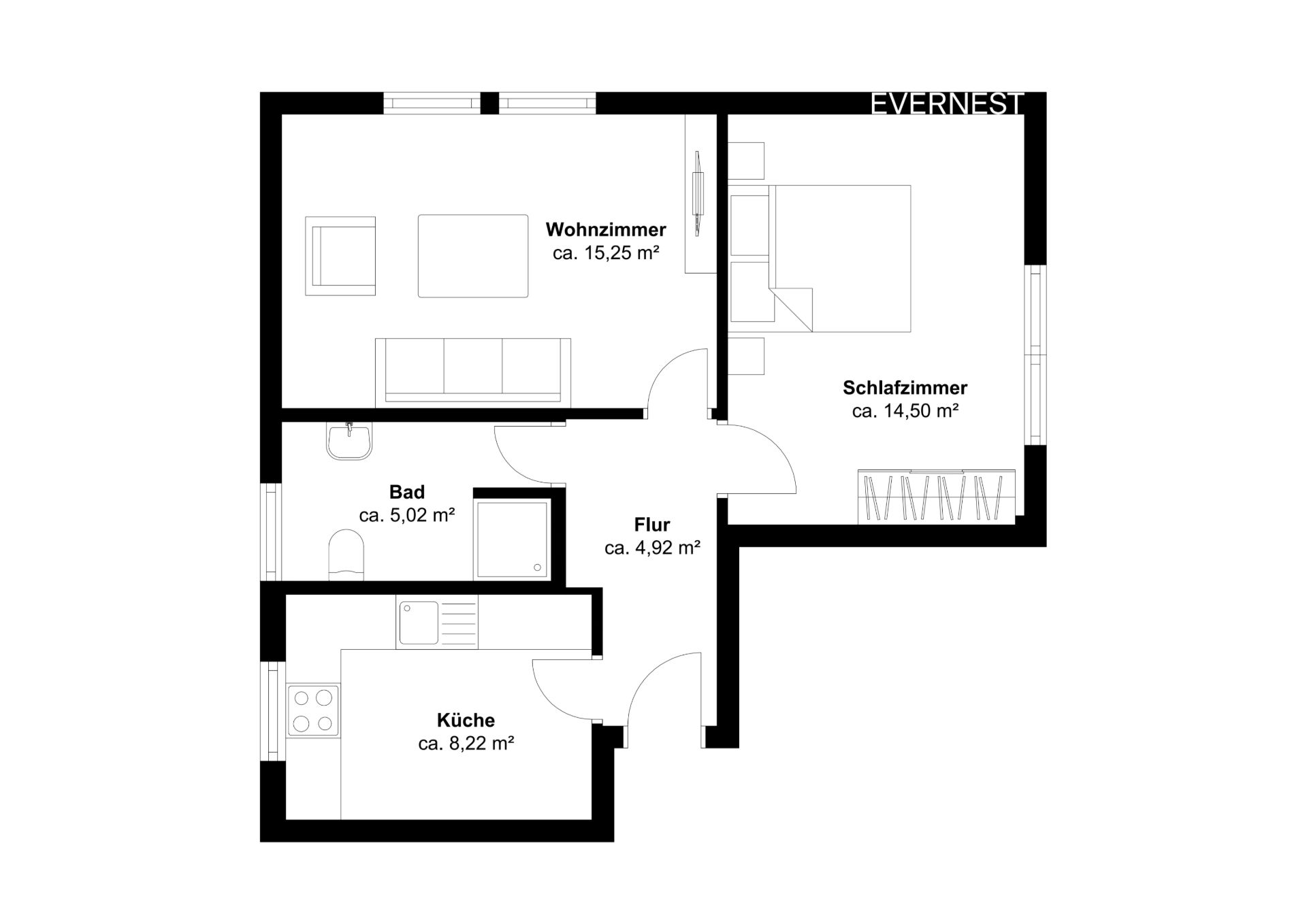Grundriss einer Wohnung mit Wohnzimmer, Schlafzimmer, Küche, Bad und Flur.