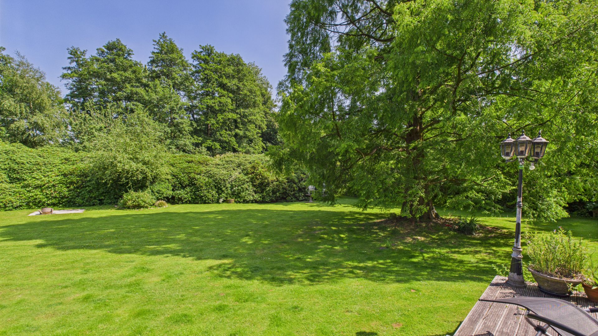 Großer grüner Garten mit Rasen, Bäumen und Terrasse, bei sonnigem Wetter.