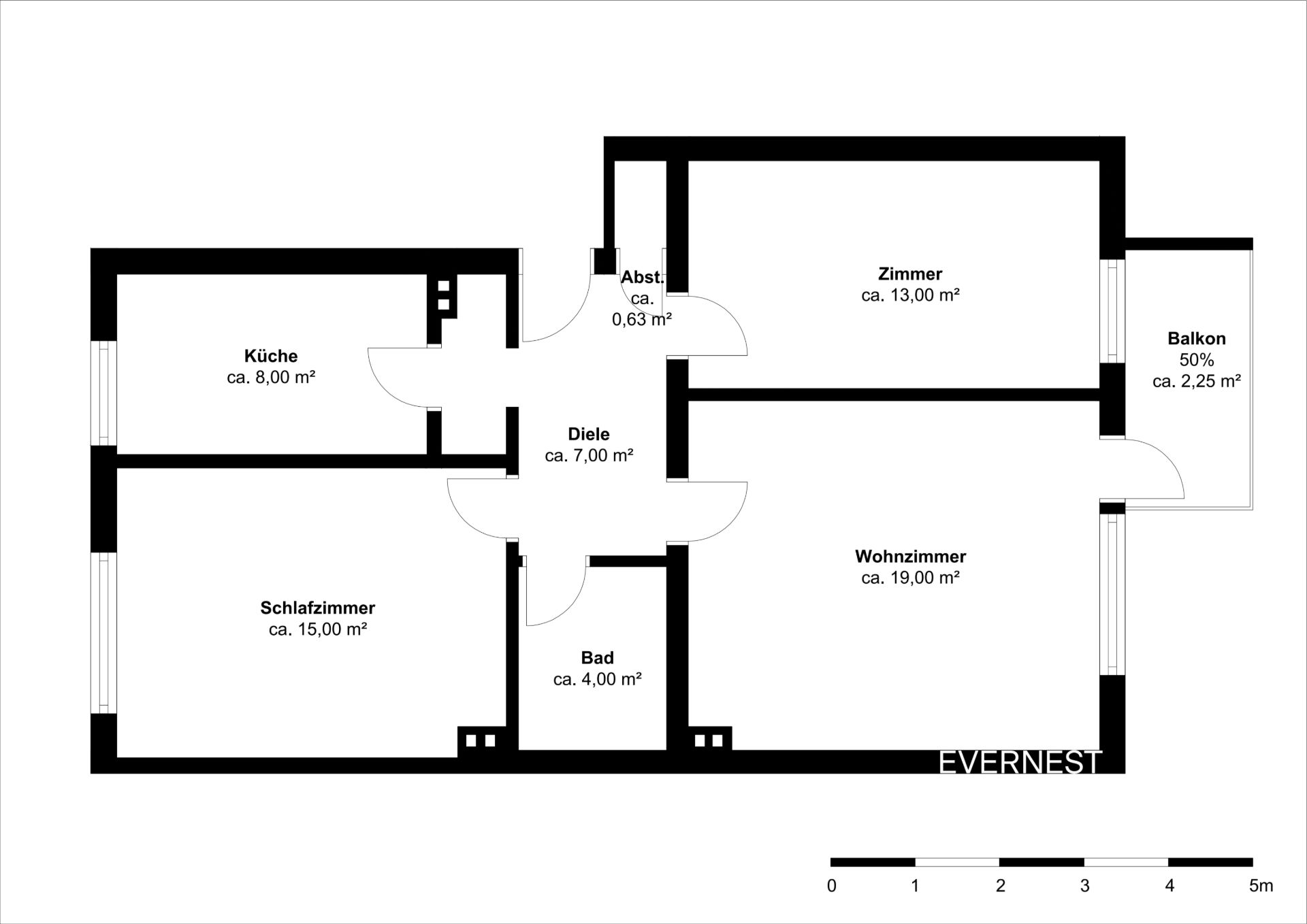 Grundriss einer Wohnung mit Schlafzimmer, Wohnzimmer, Küche, Bad, Diele, Zimmer, Abstellraum und Balkon.