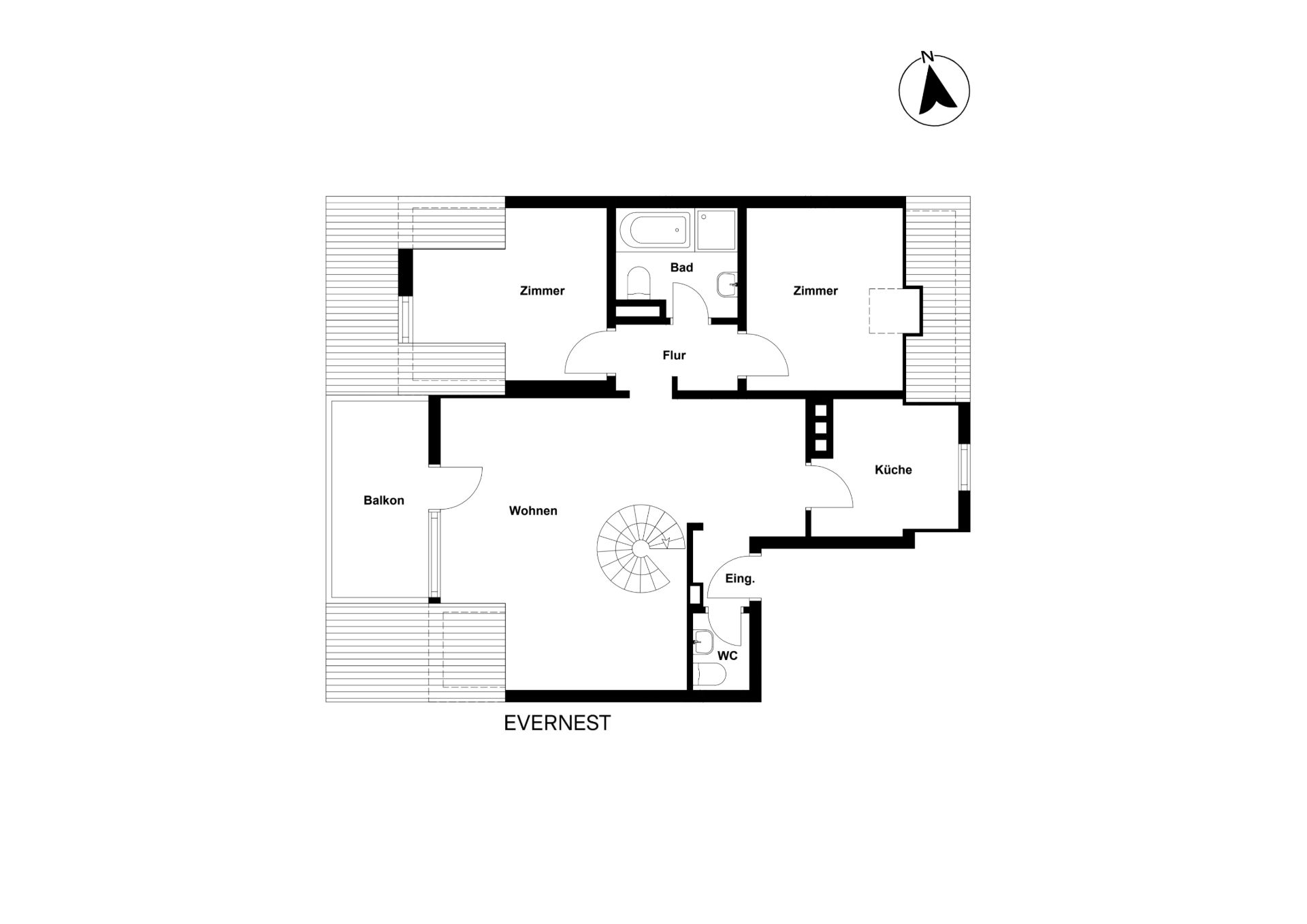 Grundriss einer Wohnung mit Wohnzimmer, Küche, Bad, zwei Zimmern, WC und Balkon.