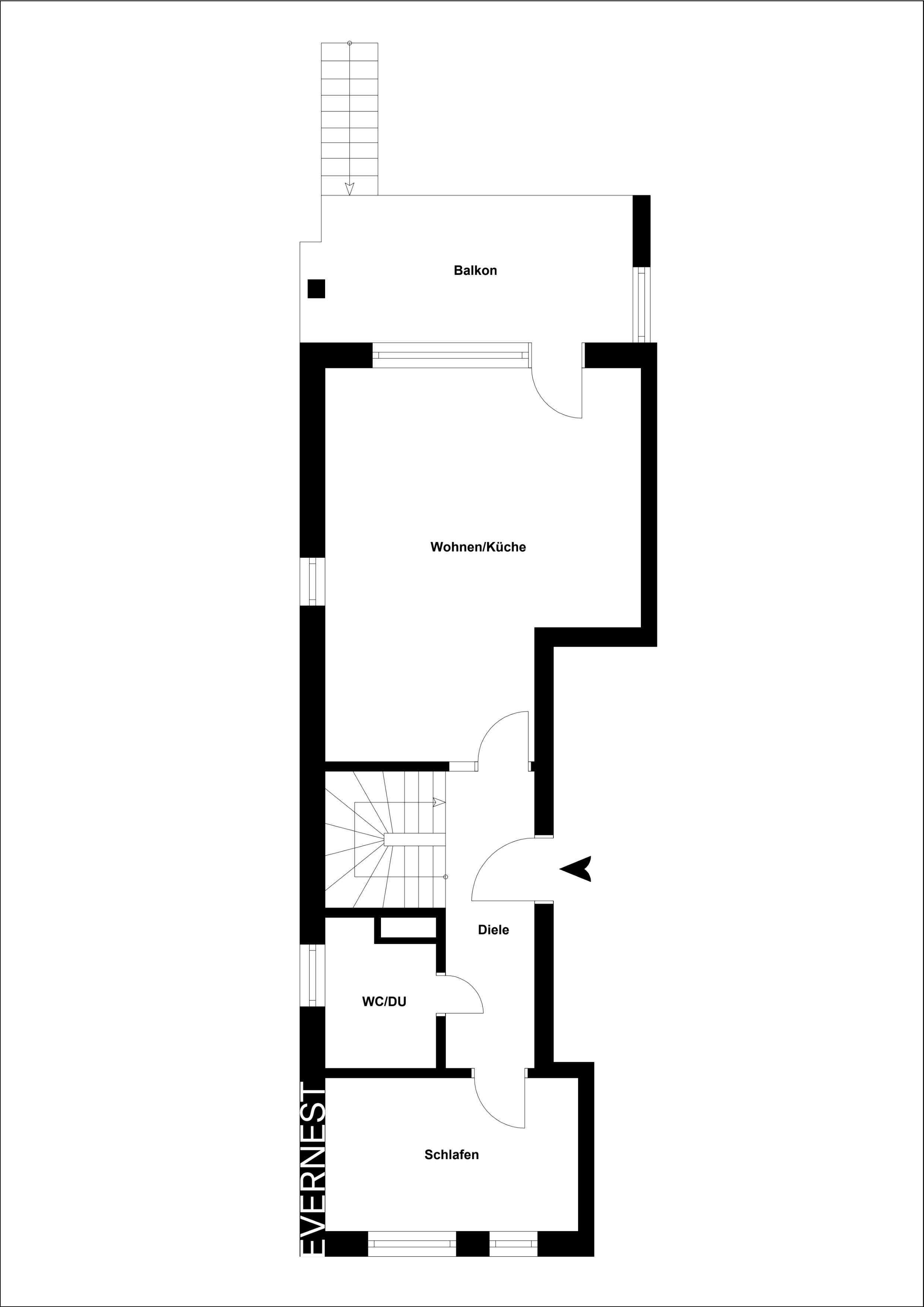 Grundriss mit Balkon, Wohnküche, Schlafzimmer, WC/Dusche und Diele.