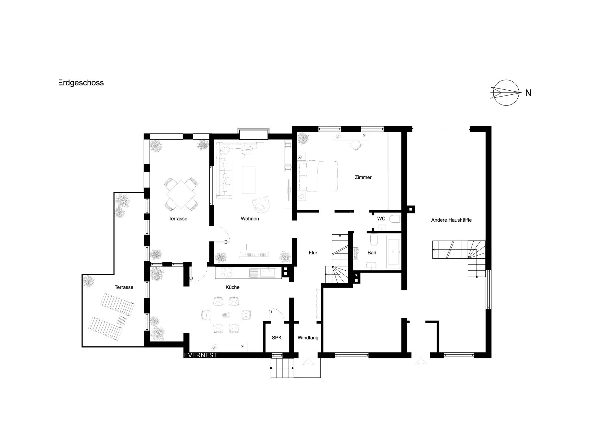 Grundriss des Erdgeschosses mit Küche, Wohnzimmer, Zimmer, Bad, WC und Terrasse.