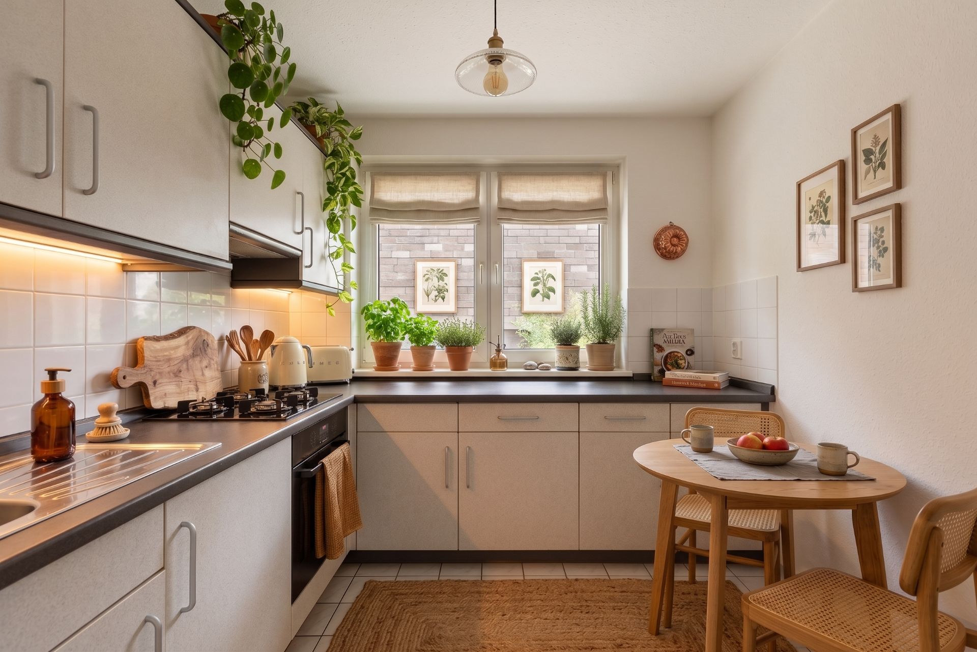 Helle Küche mit weißen Schränken, Pflanzen auf der Fensterbank und kleinem Esstisch mit zwei Stühlen.