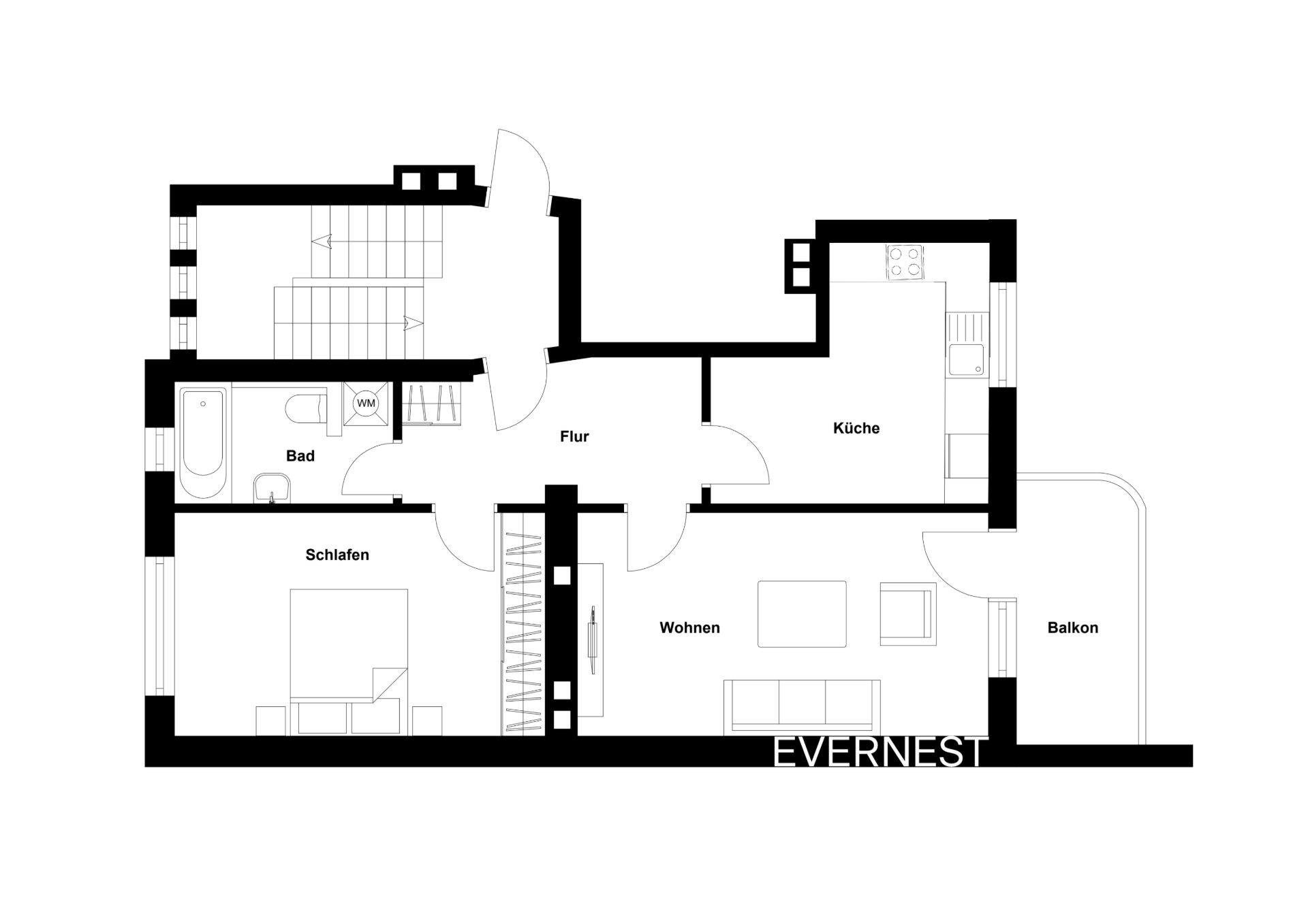 Grundriss einer Wohnung mit Schlafzimmer, Bad, Küche, Wohnzimmer, Flur und Balkon.