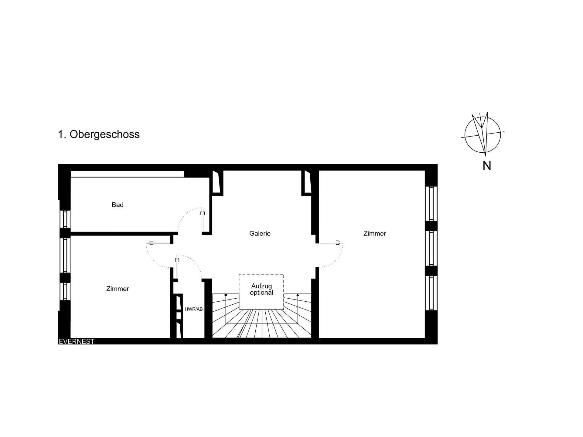 Grundriss des 1. Obergeschosses mit Bad, zwei Zimmern und Galerie.