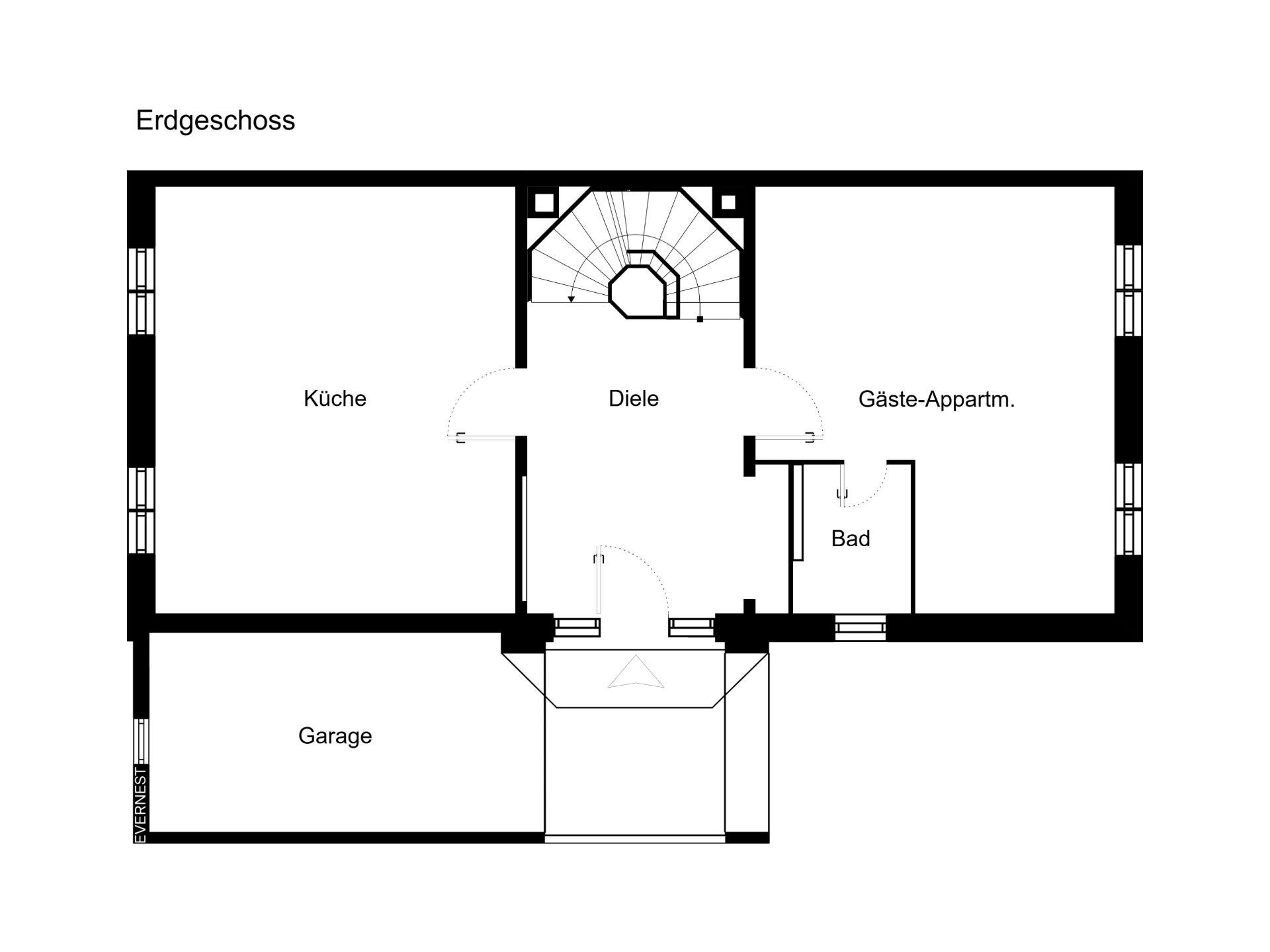 Grundriss des Erdgeschosses mit Küche, Diele, Gäste-Appartement, Bad und Garage.