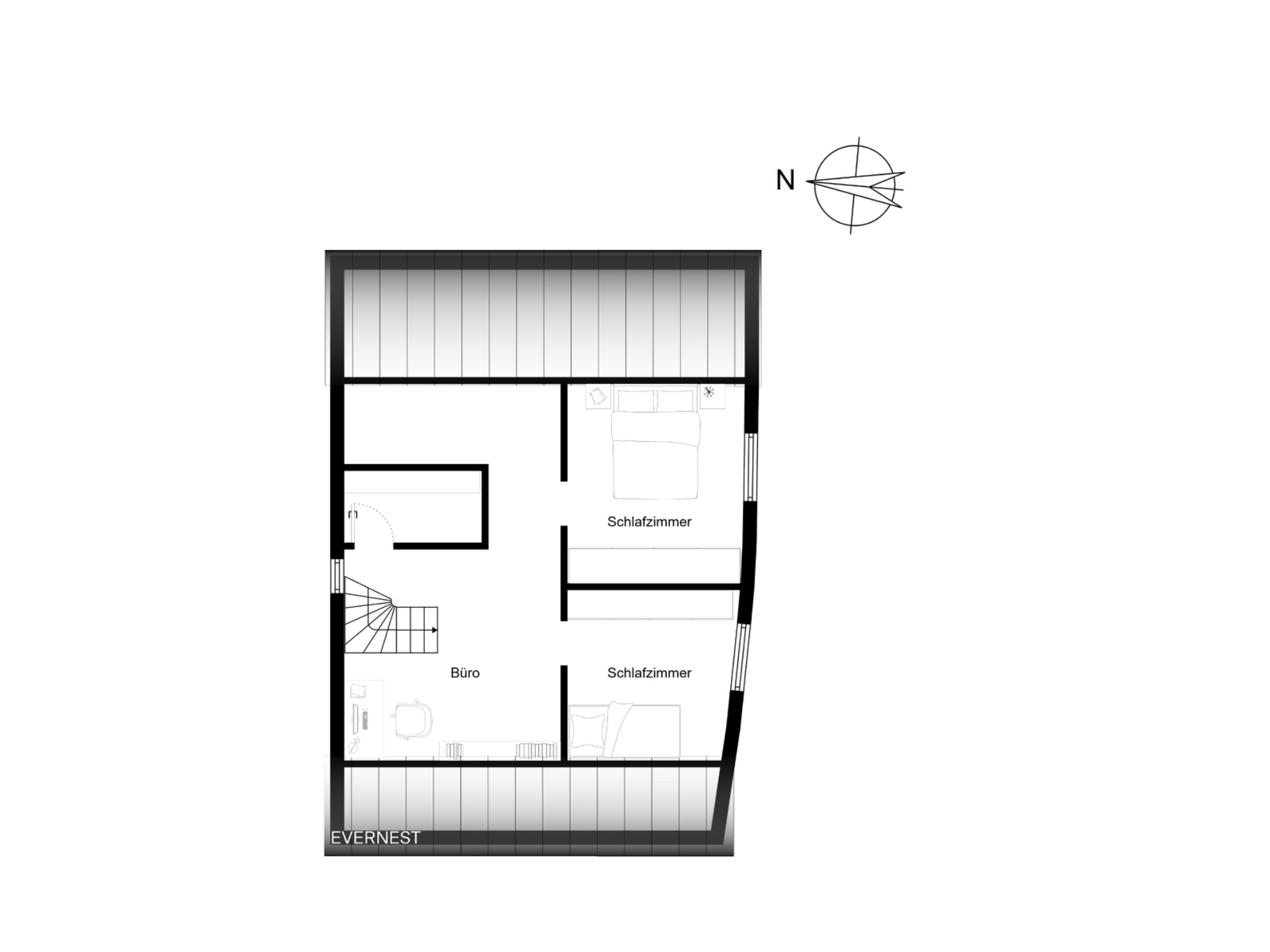 Grundriss mit zwei Schlafzimmern und einem Büro, Treppe links unten.
