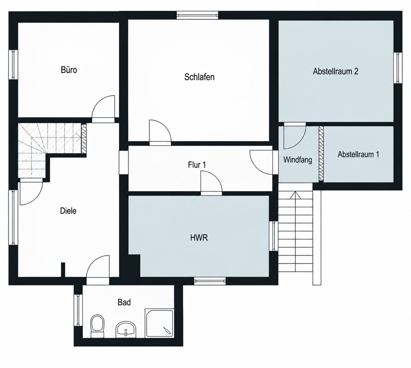 Grundriss mit Büro, Schlafzimmer, Bad, Diele, Hauswirtschaftsraum und zwei Abstellräumen.