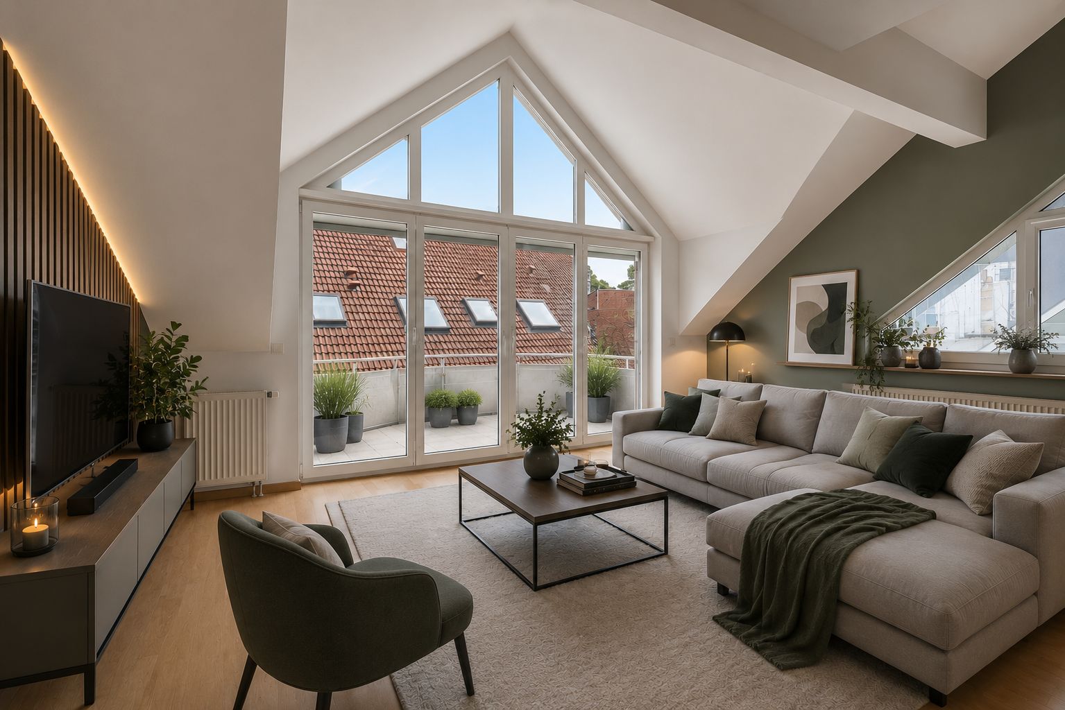 Modernes Wohnzimmer mit großem Sofa, Couchtisch, Sessel und Zugang zu einem Balkon durch hohe Fenster.