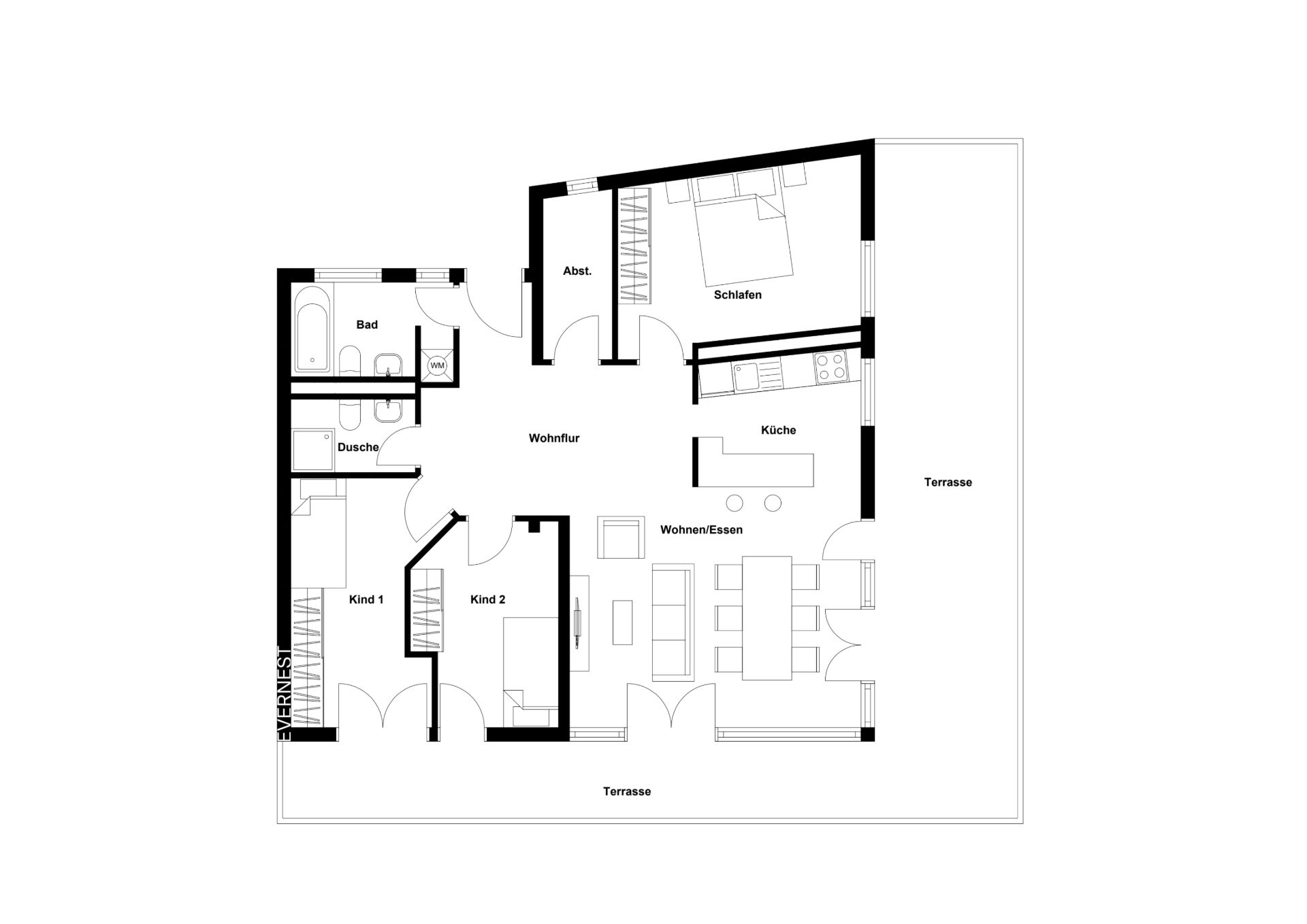 Grundriss einer Wohnung mit Schlafzimmer, zwei Kinderzimmern, Bad, Küche, Wohnbereich und Terrasse.