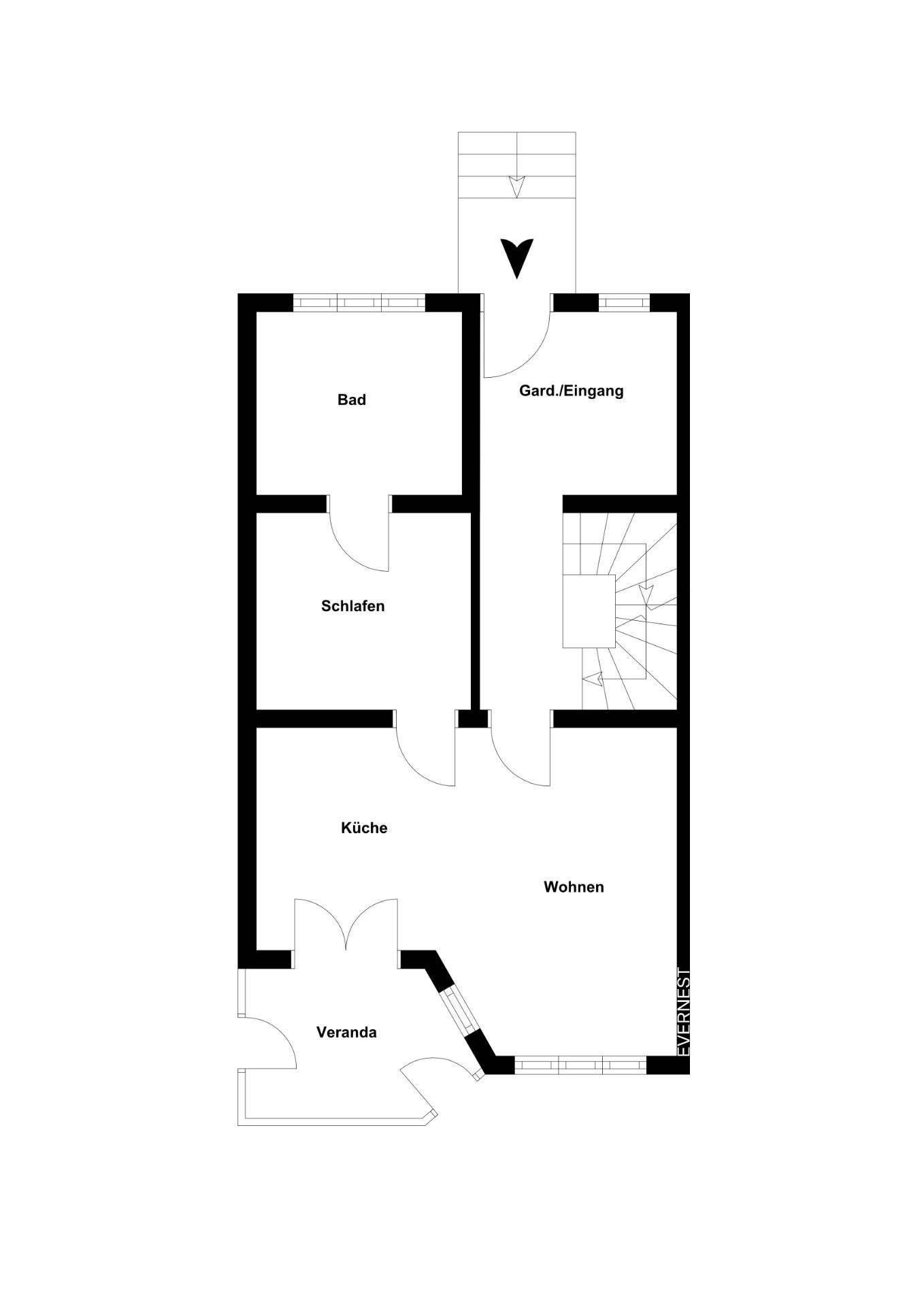 Grundriss mit Bad, Schlafen, Küche, Wohnen, Veranda und Garderobe/Eingang.