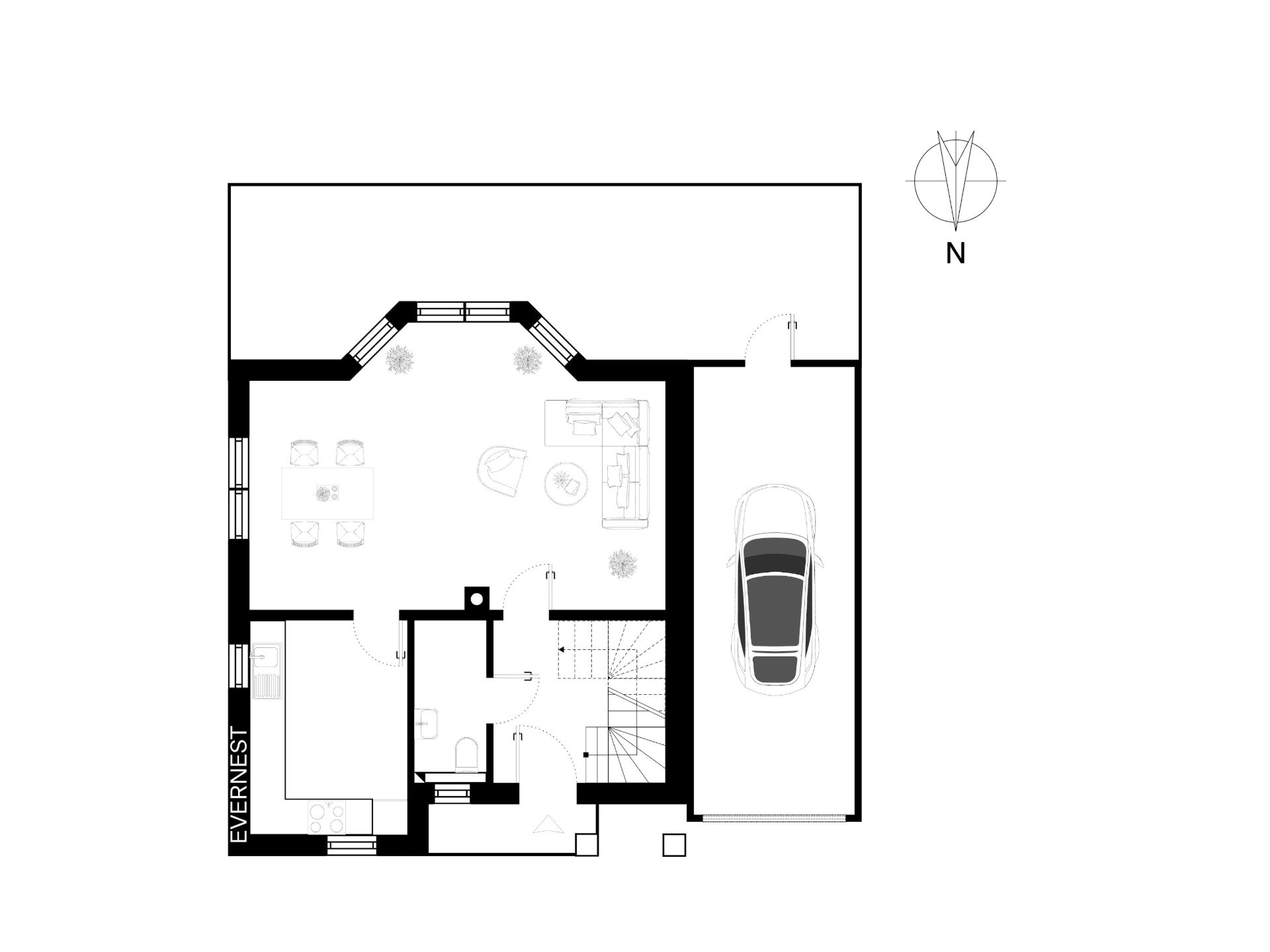 Grundriss eines Hauses mit Wohnzimmer, Essbereich, Bad und Garage.