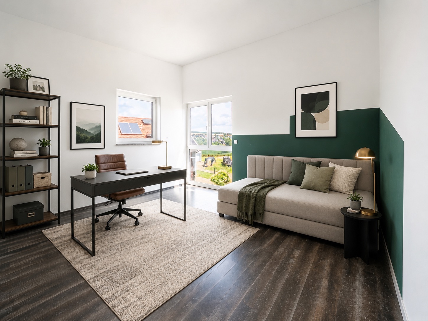 Modernes Arbeitszimmer mit Schreibtisch, Regal, Sofa und großem Fenster, Holzboden und Wanddeko.