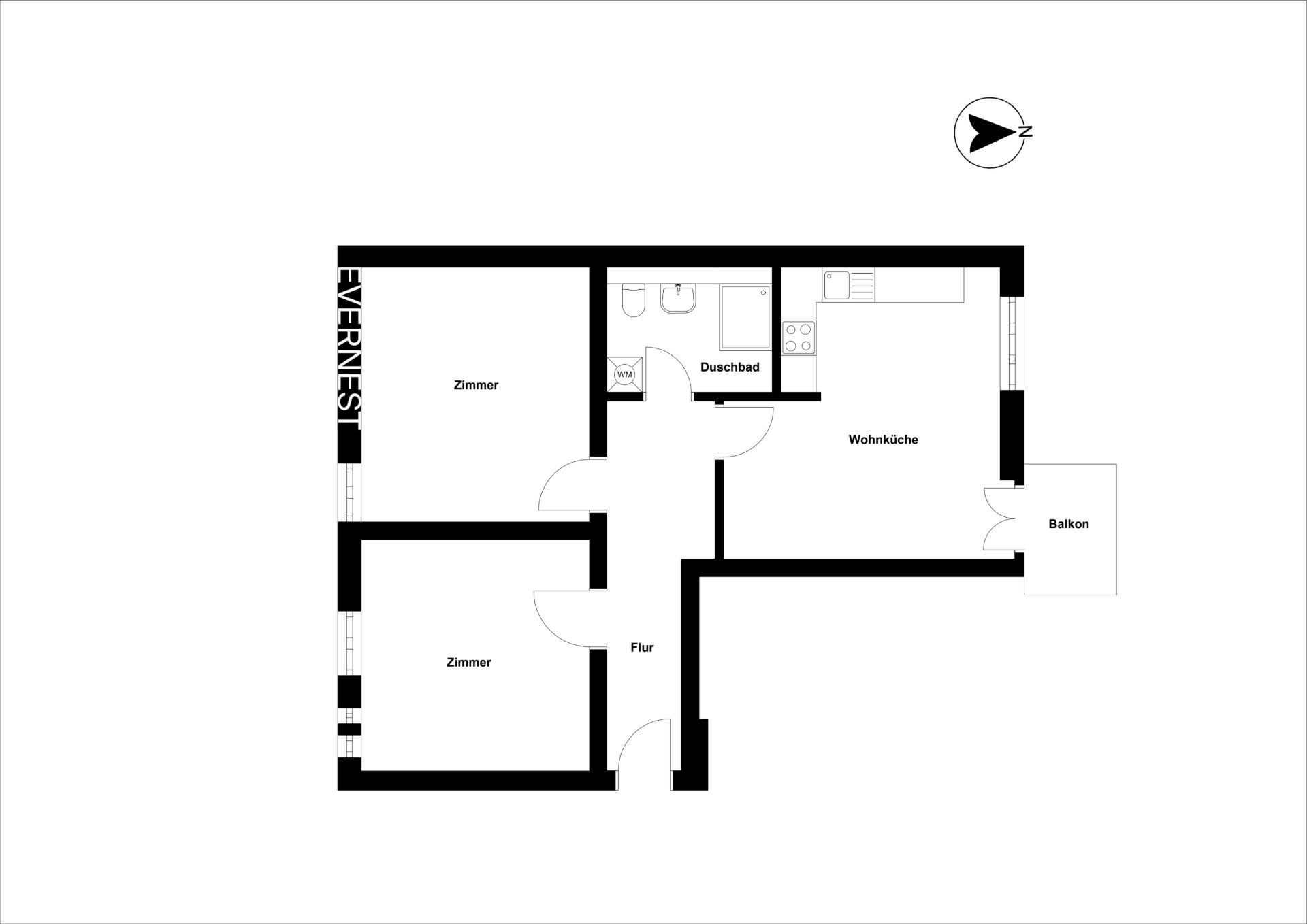 Grundriss einer Wohnung mit zwei Zimmern, Wohnküche, Duschbad, Flur und Balkon.