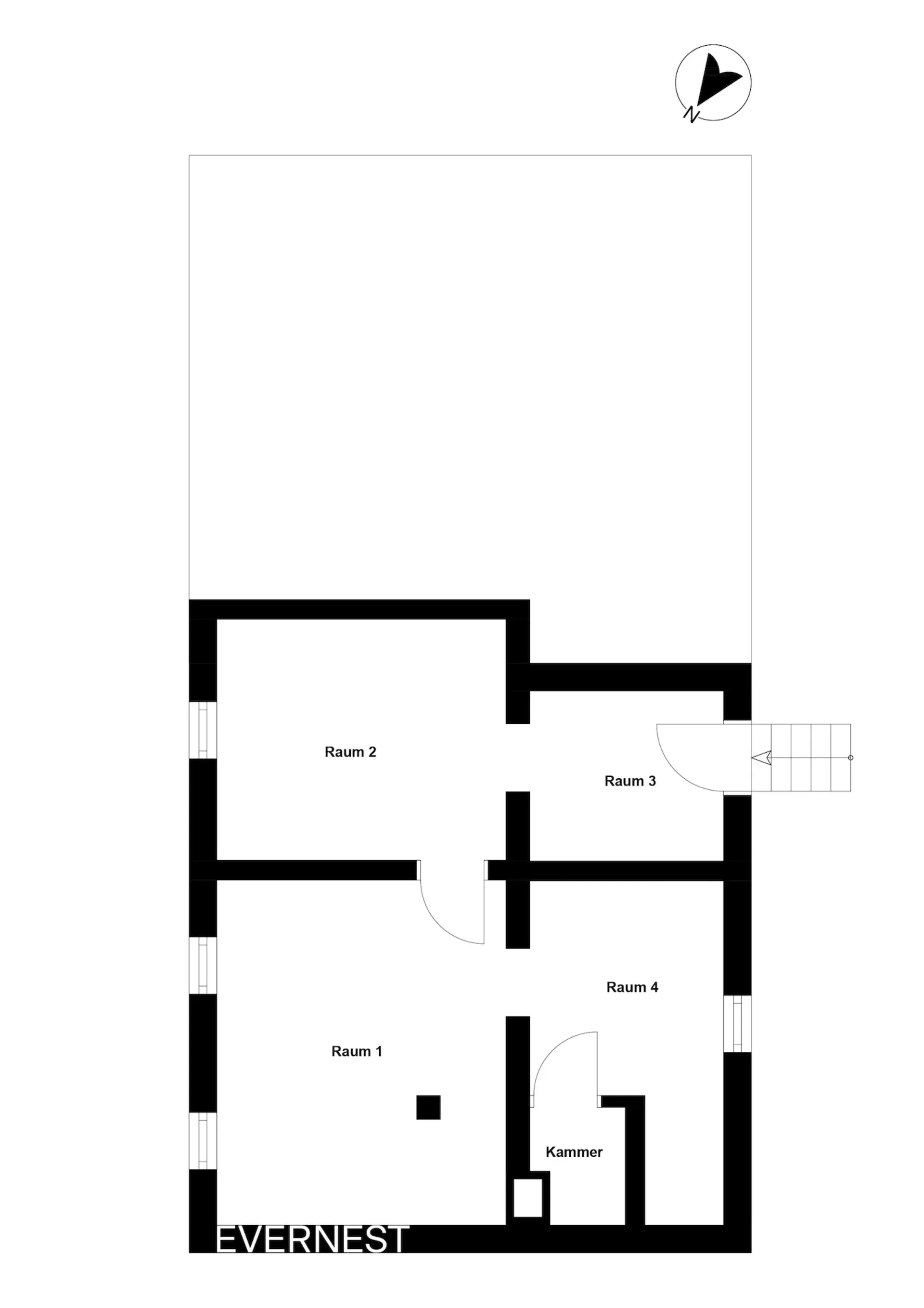 Grundriss mit vier Räumen und einer Kammer, Räume sind nummeriert.