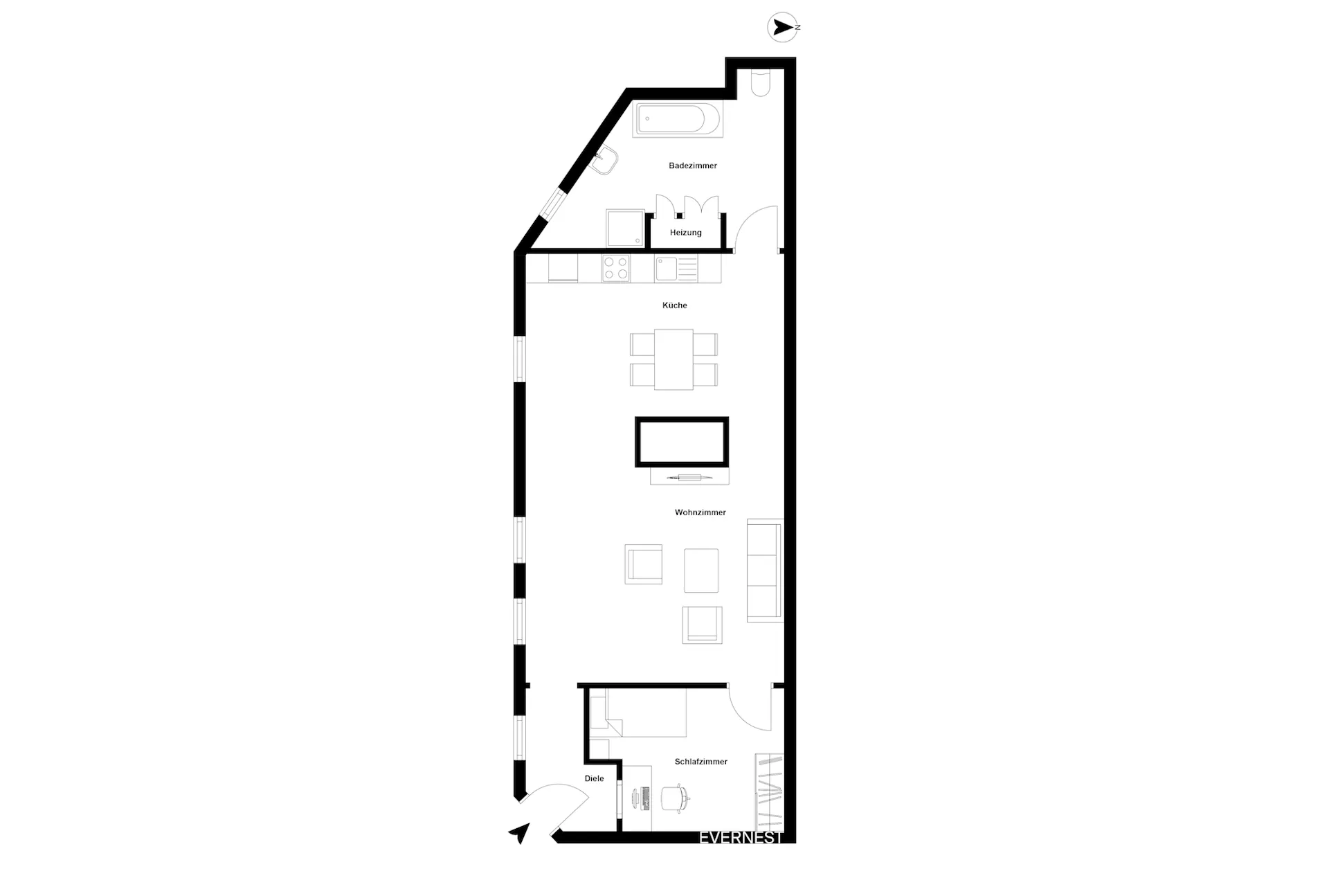 Grundriss einer Wohnung mit Wohnzimmer, Küche, Schlafzimmer und Badezimmer.