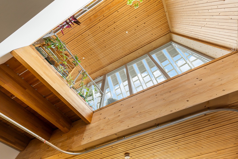 Blick nach oben auf eine Holzdecke mit großem Fenster und Balkon mit Pflanzen.