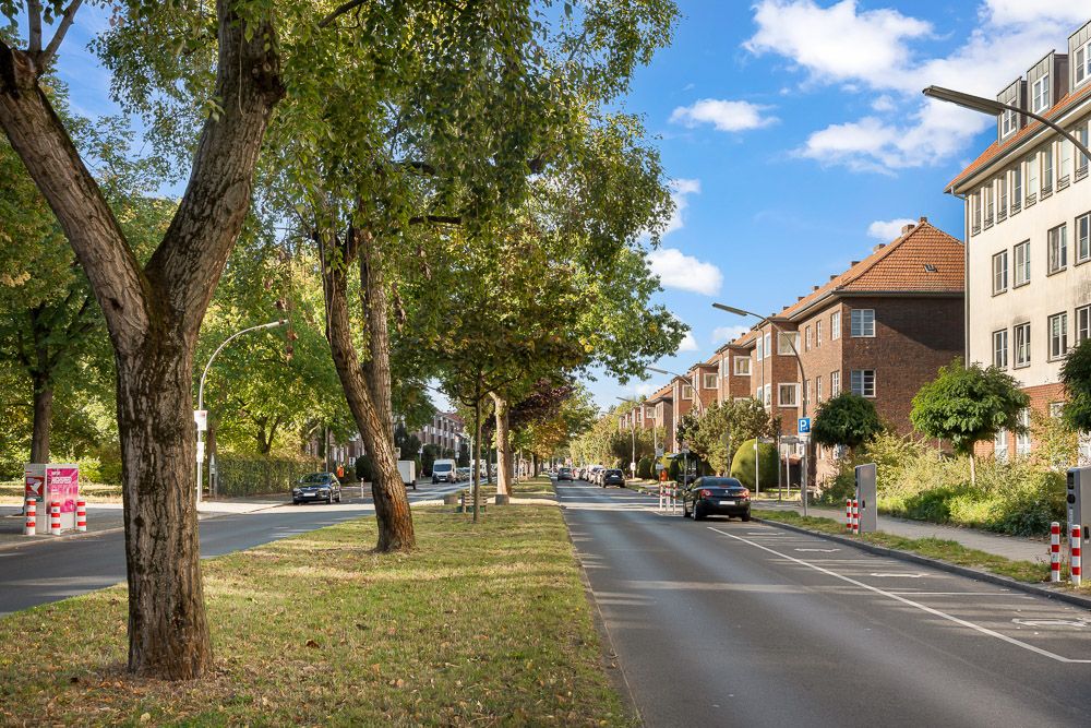 Straße mit Bäumen, Autos und Wohnhäusern auf der rechten Seite bei sonnigem Wetter.