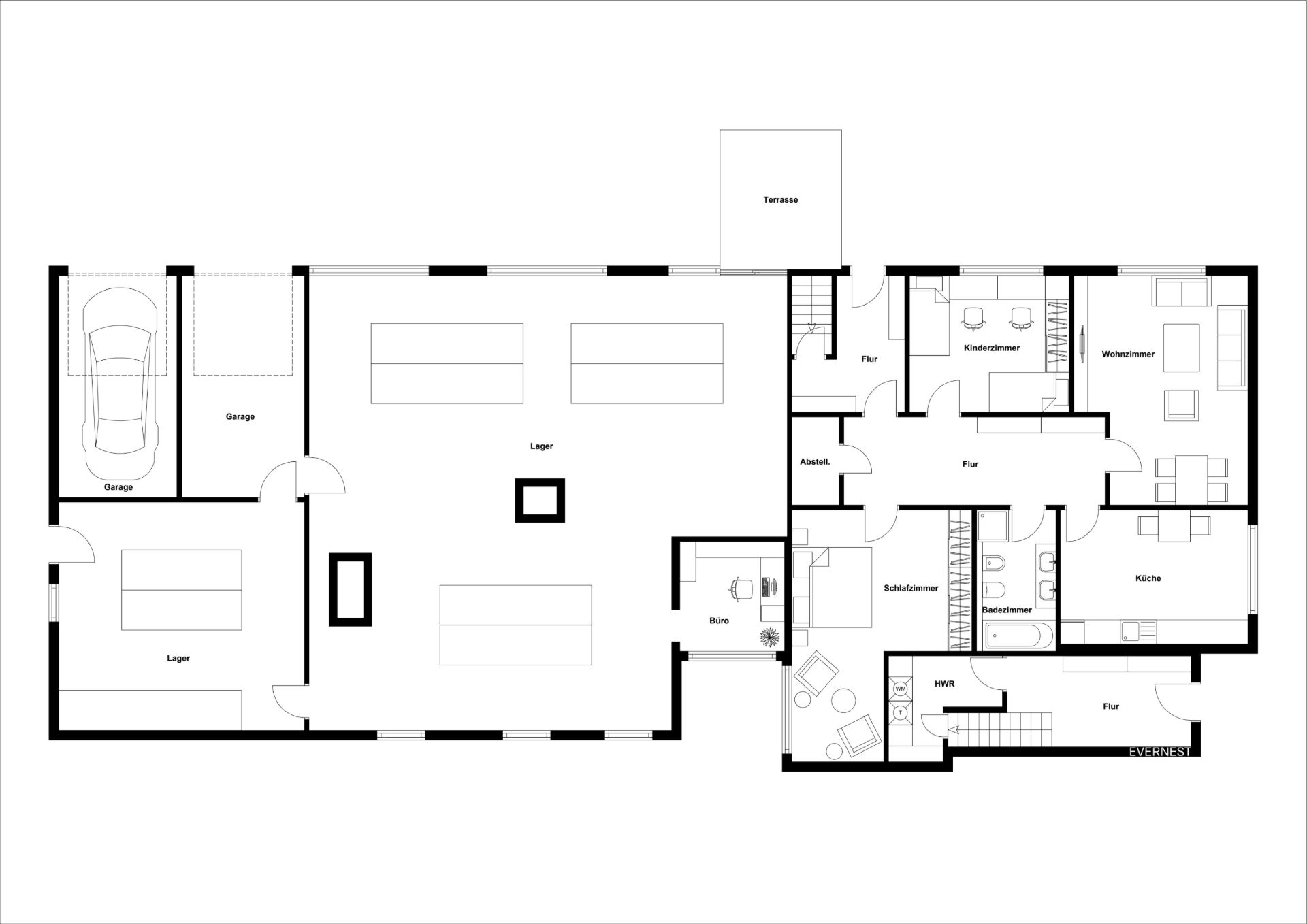 Grundriss eines Wohnhauses mit Garage, Lager, Küche, Wohnzimmer, Schlafzimmer und Terrasse.