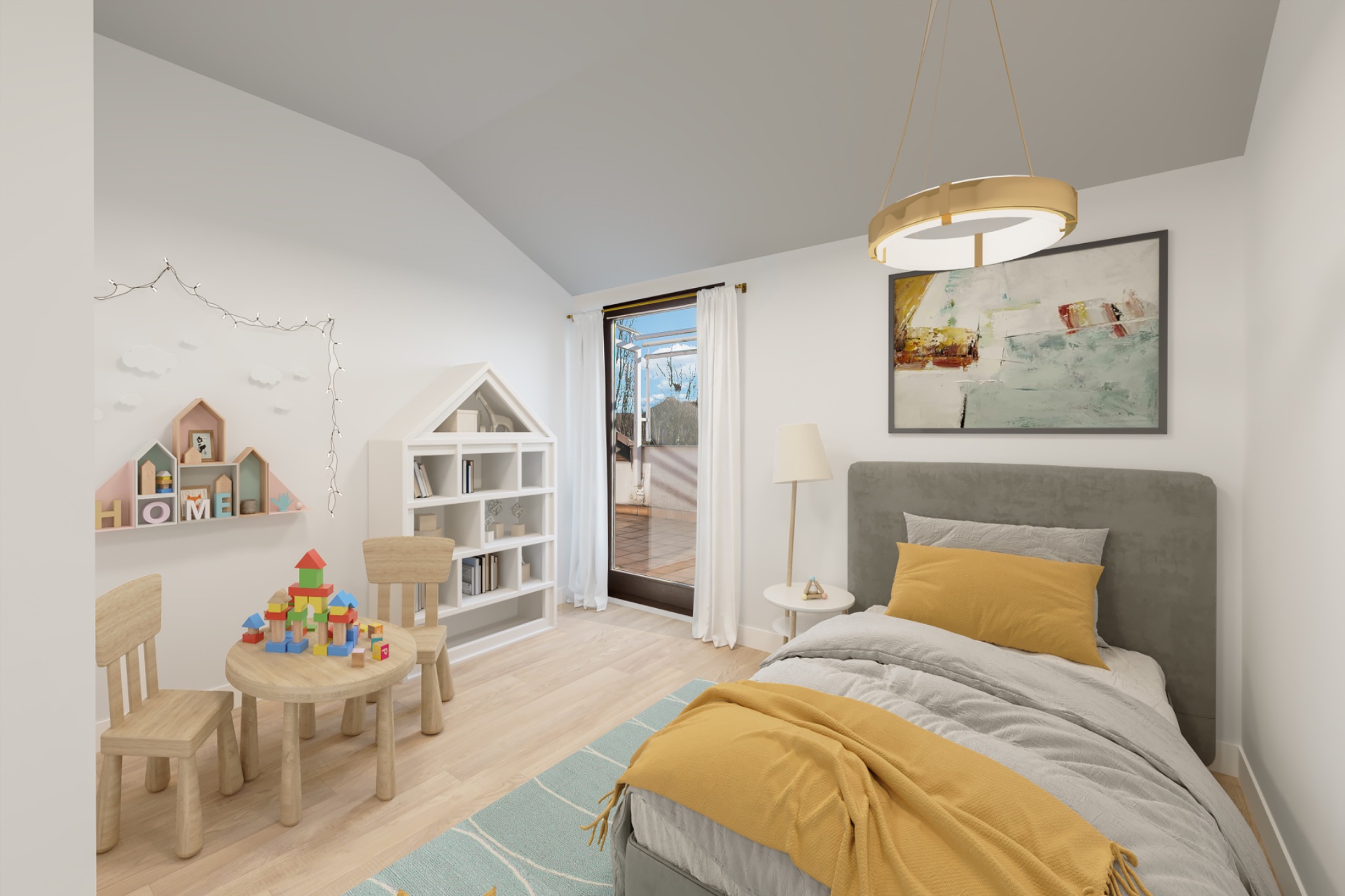 Helles Kinderzimmer mit Bett, Tisch, Stühlen, Regal und Spielzeug, Tür zum Balkon.
