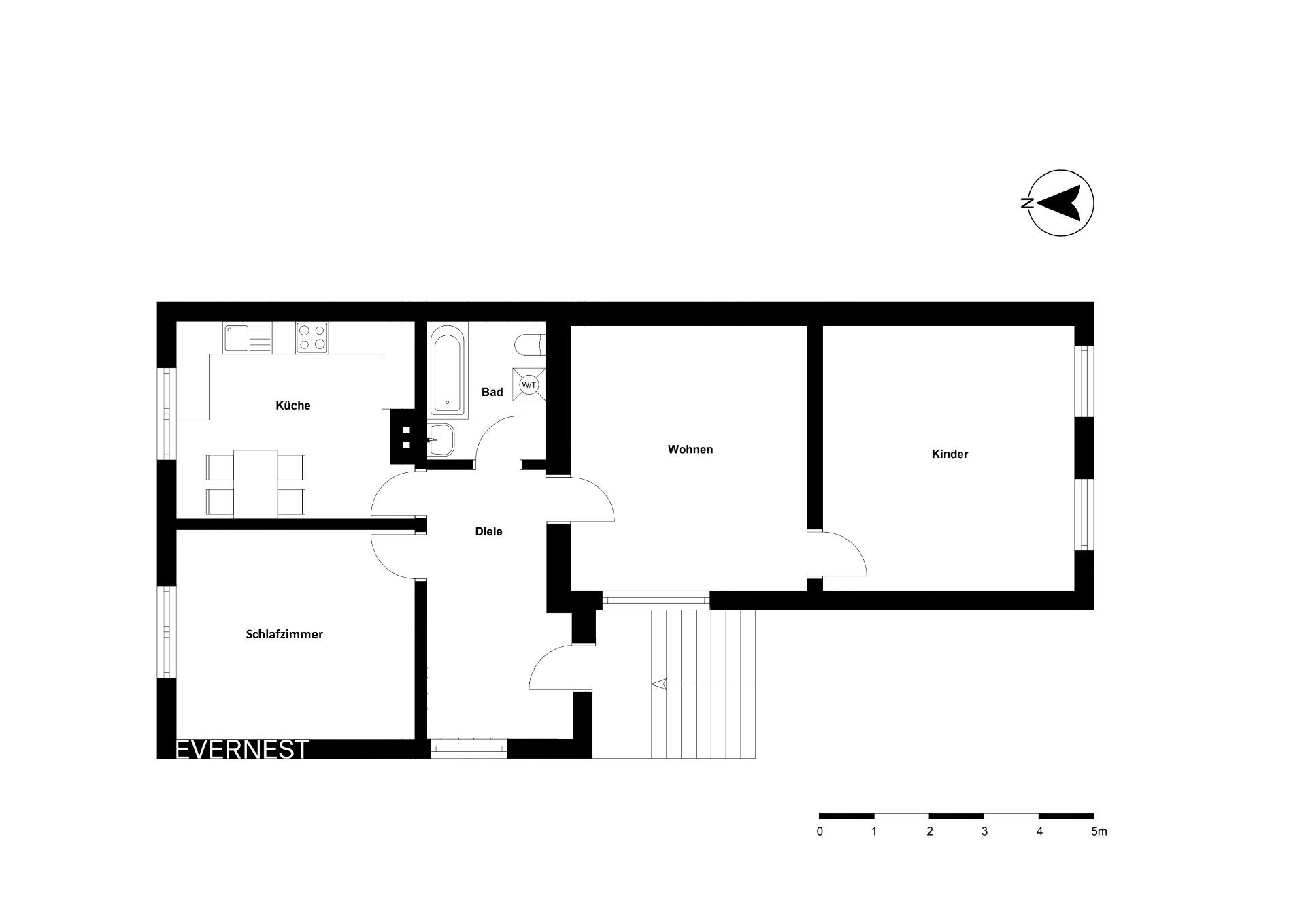 Grundriss einer Wohnung mit Küche, Bad, Schlafzimmer, Wohnzimmer und Kinderzimmer.