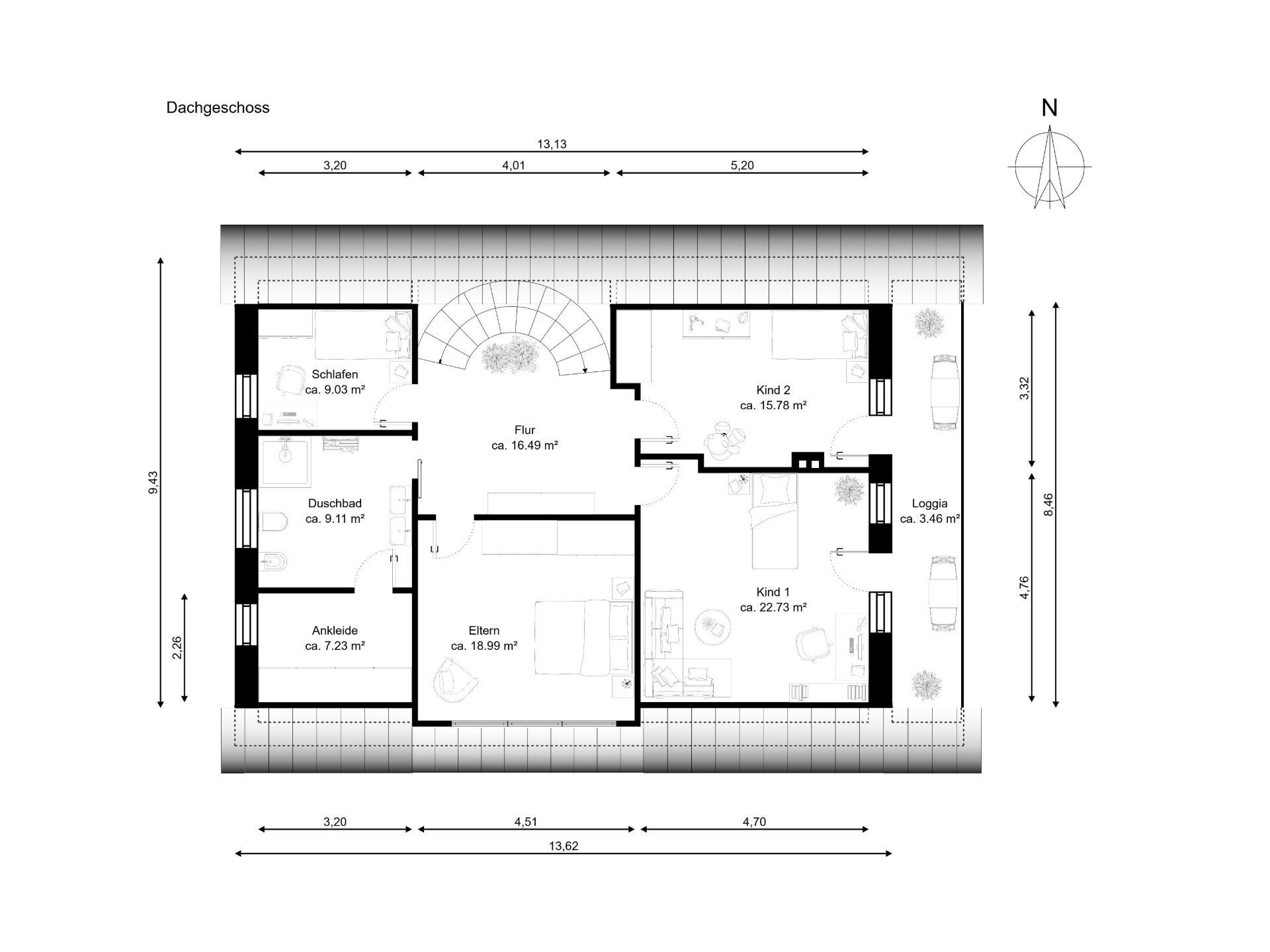 Grundriss eines Dachgeschosses mit Schlafzimmern, Bad, Ankleide, Flur und Loggia.