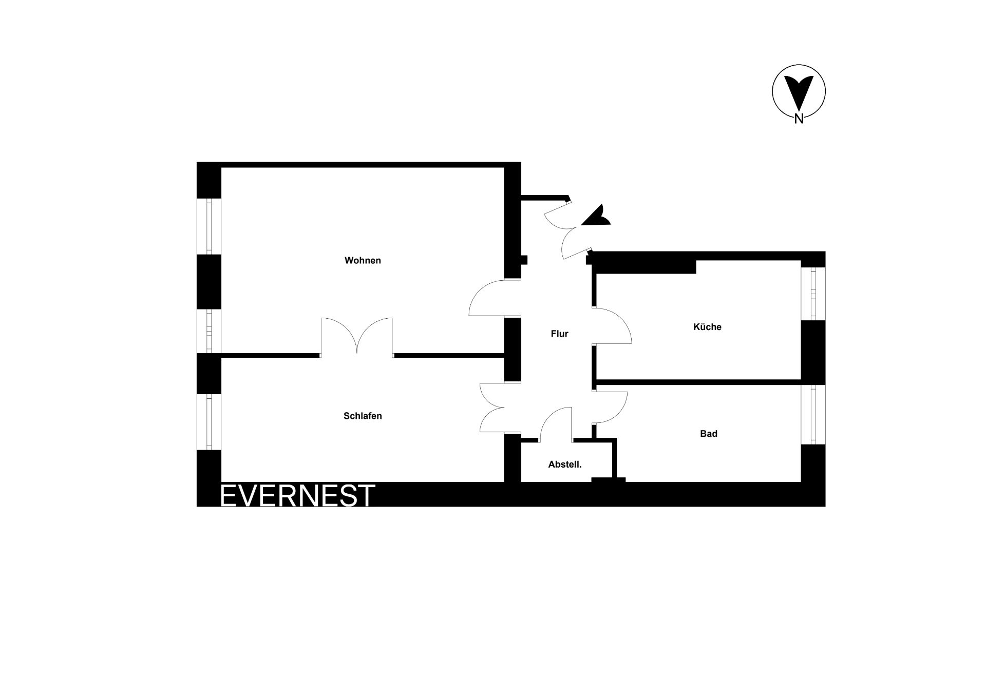 Grundriss einer Wohnung mit Wohnzimmer, Schlafzimmer, Küche, Bad, Flur und Abstellraum.