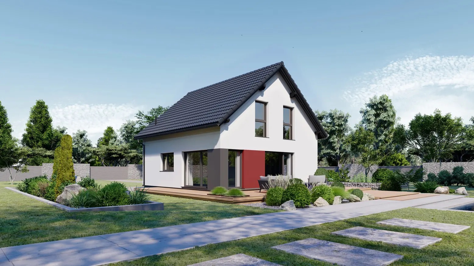 Modernes Einfamilienhaus mit Garten, Terrasse und Wegplatten im Vordergrund.