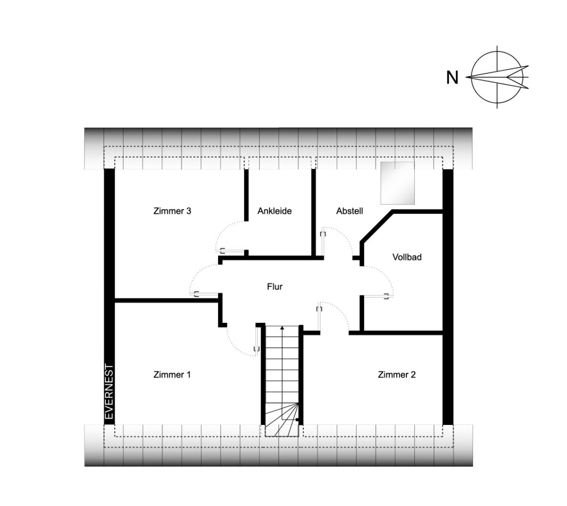 Grundriss mit drei Zimmern, Ankleide, Abstellraum, Vollbad, Flur und Treppe.