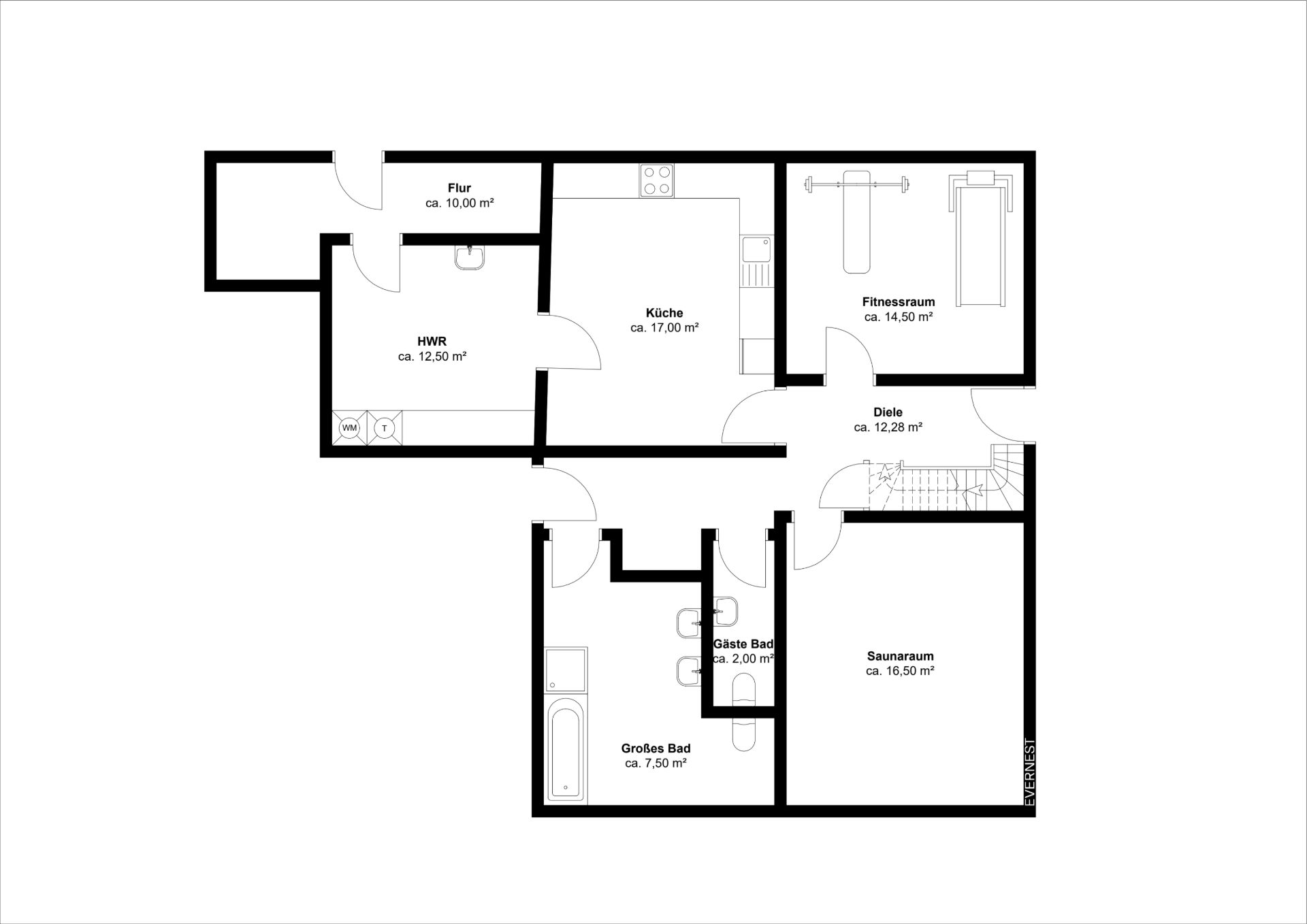Grundriss einer Wohnung mit Küche, Flur, Fitnessraum, Saunaraum, Bädern und Hauswirtschaftsraum.