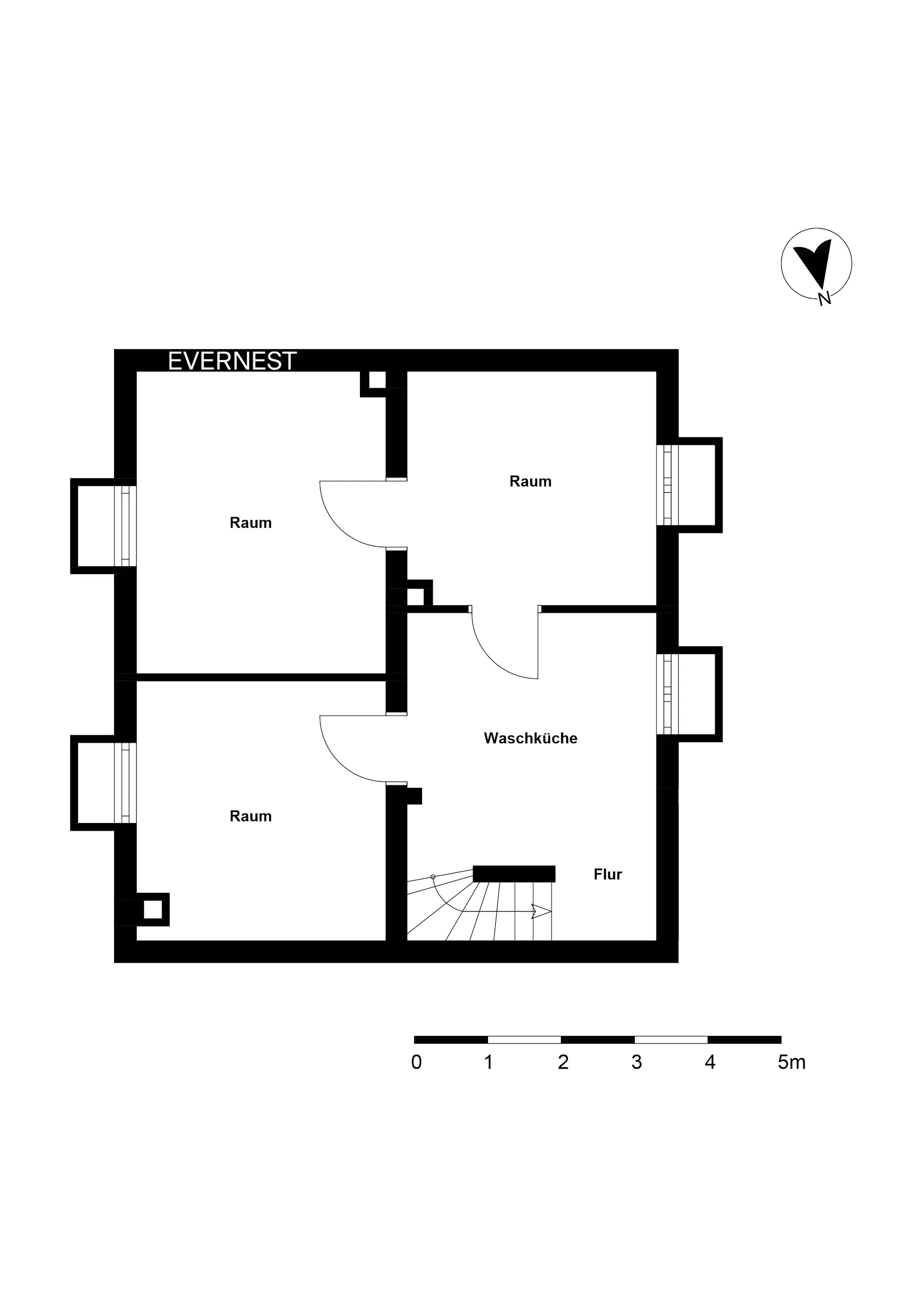 Grundriss mit drei Räumen, Waschküche und Flur, Treppe im unteren Bereich.