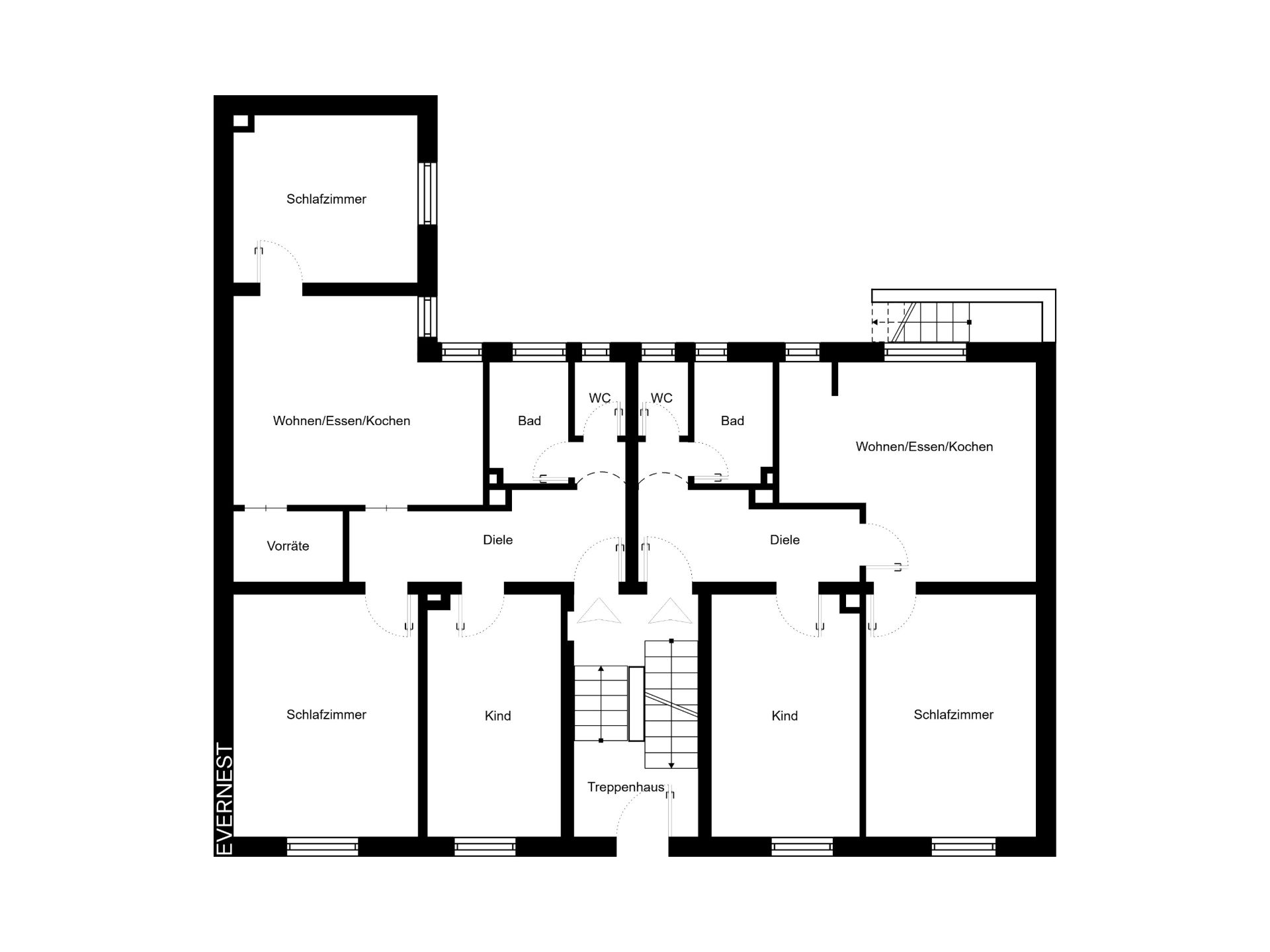 Grundriss mit Schlafzimmern, Kinderzimmern, Bädern, Wohnbereichen und Treppenhaus.