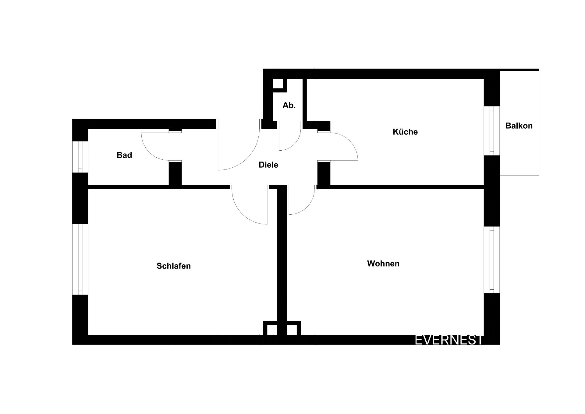 Grundriss einer Wohnung mit Schlafzimmer, Wohnzimmer, Bad, Küche, Diele, Abstellraum und Balkon.