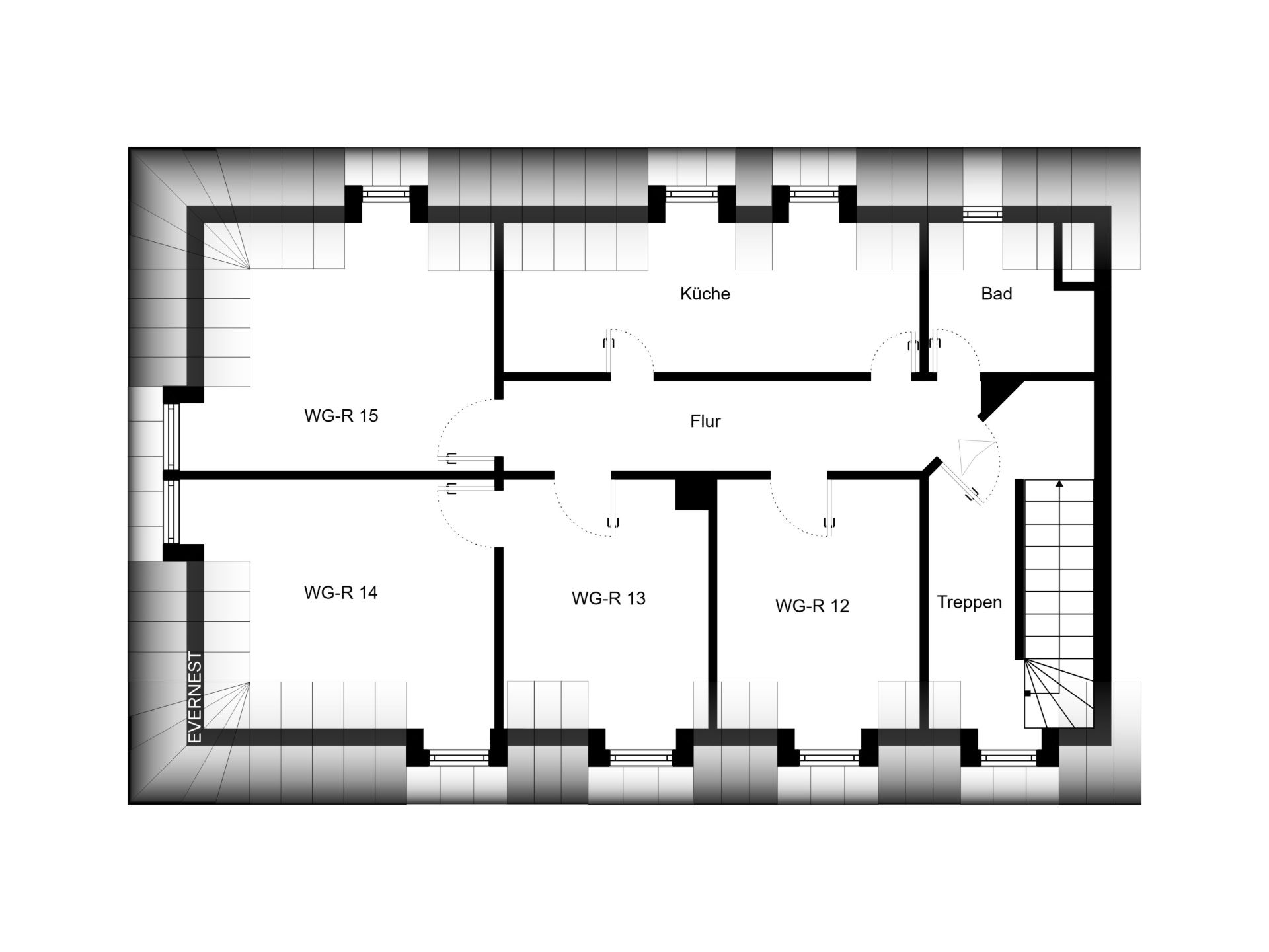 Grundriss mit vier Zimmern, Küche, Bad, Flur und Treppen in einer Wohnung.