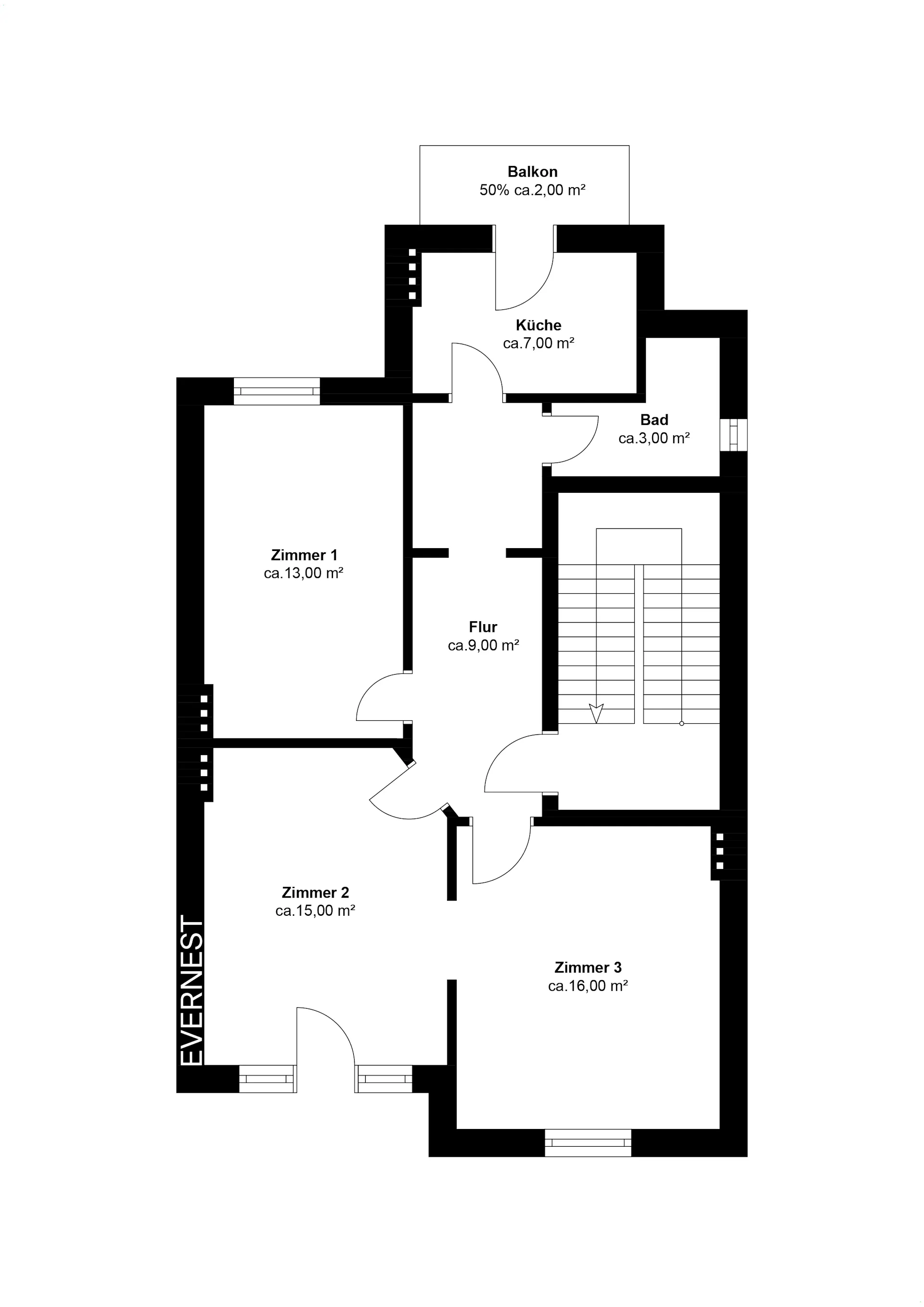 Grundriss einer Wohnung mit drei Zimmern, Küche, Bad, Flur und Balkon.