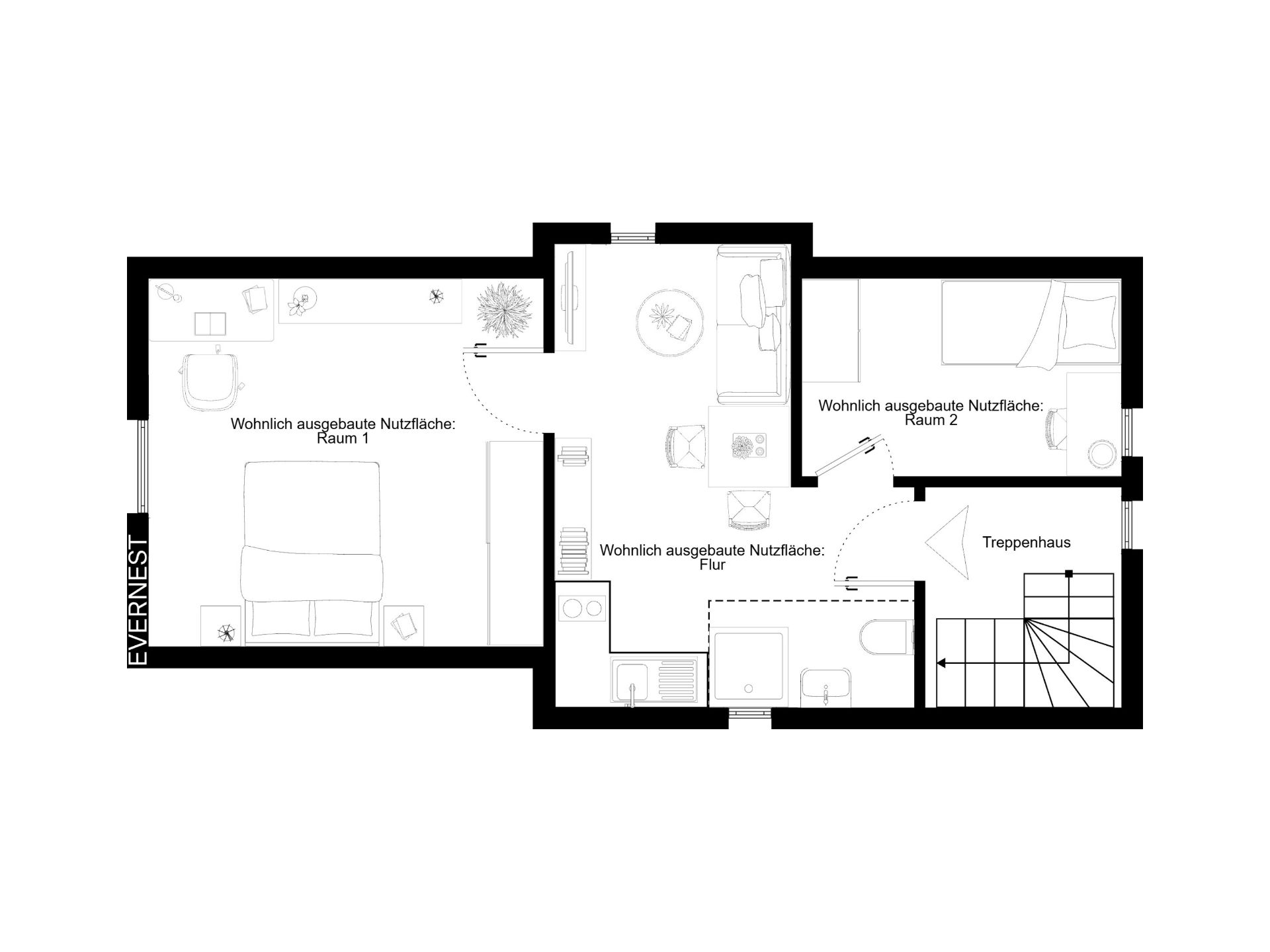 Grundriss mit zwei Zimmern, Flur, Bad und Treppenhaus.