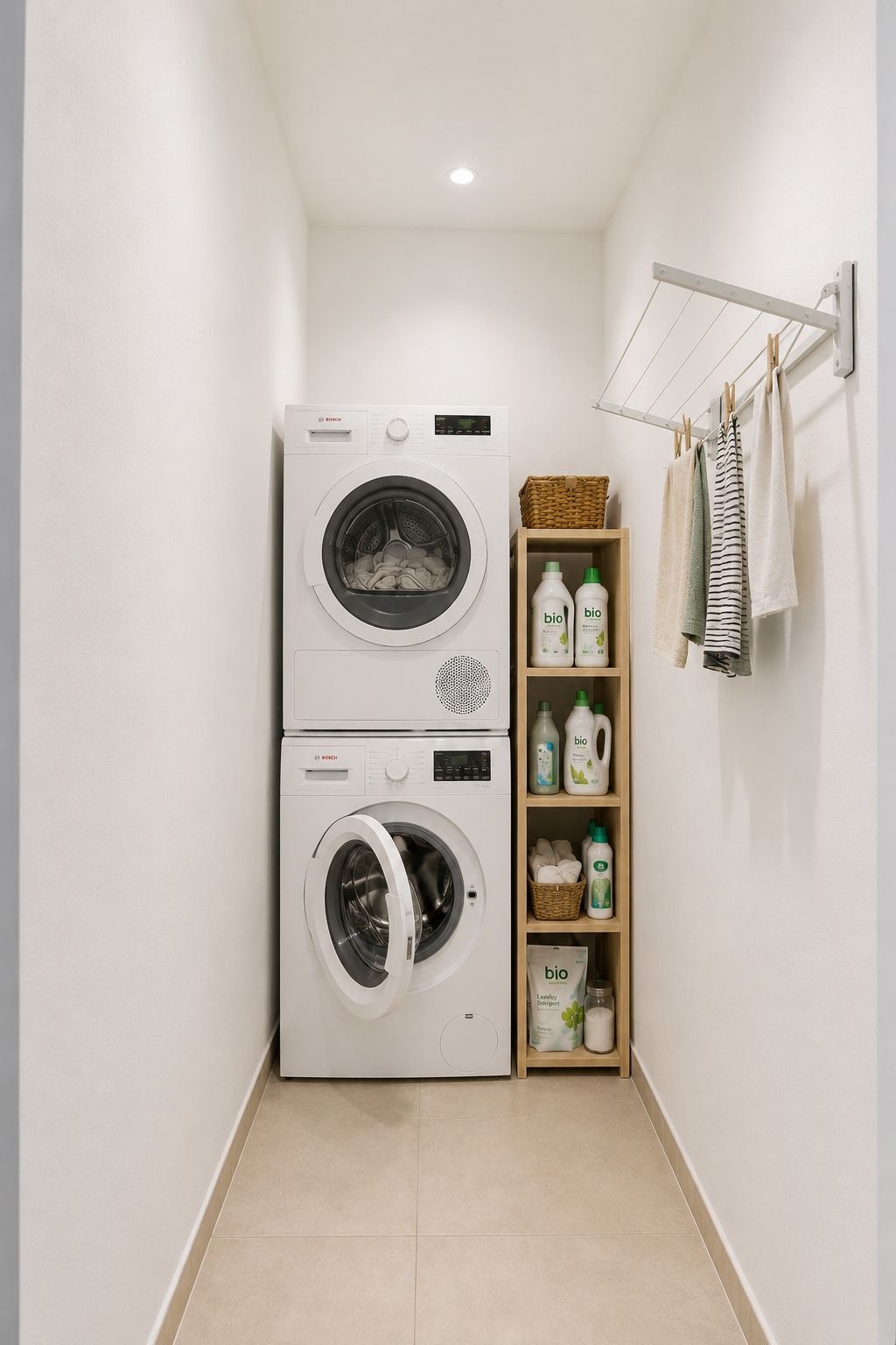 Kleiner Hauswirtschaftsraum mit Waschmaschine, Trockner, Regal und Wäscheständer.