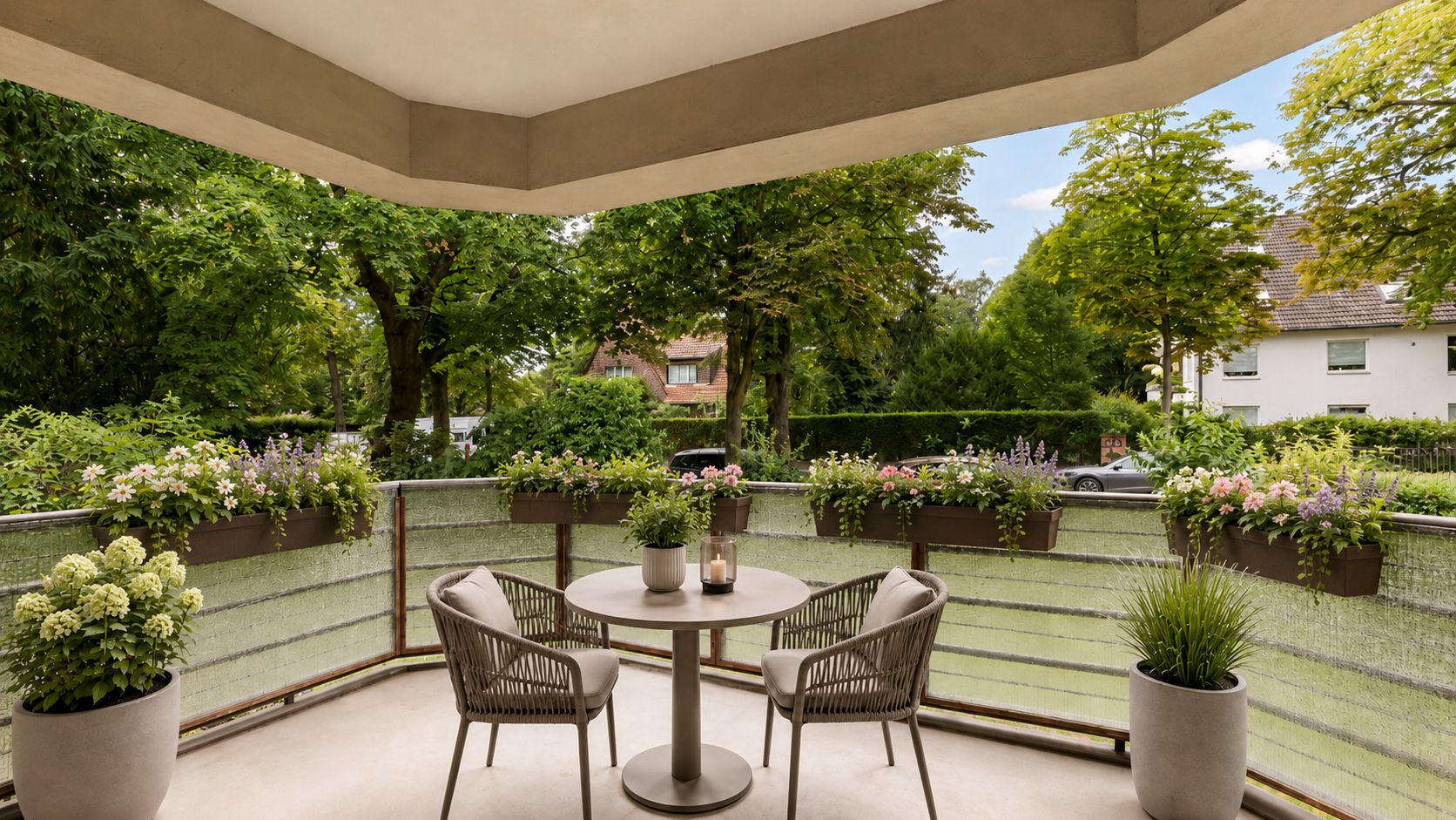 Balkon mit rundem Tisch, zwei Stühlen und vielen Blumen, Blick auf grüne Bäume und Nachbarhäuser.