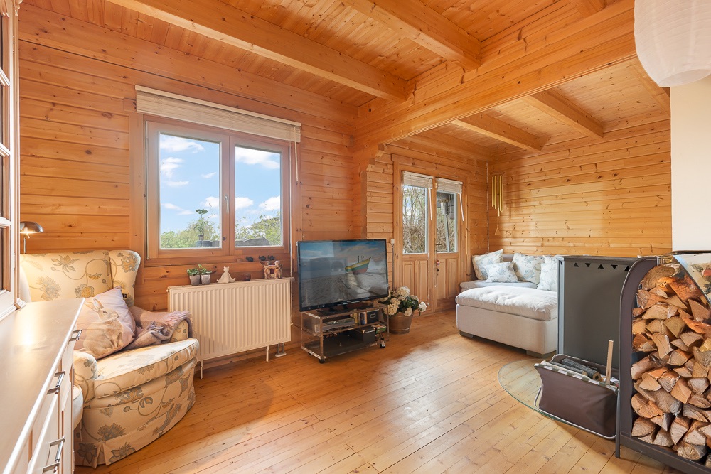 Gemütliches Wohnzimmer mit Holzverkleidung, Sessel, Sofa, Fernseher und Kaminholz.