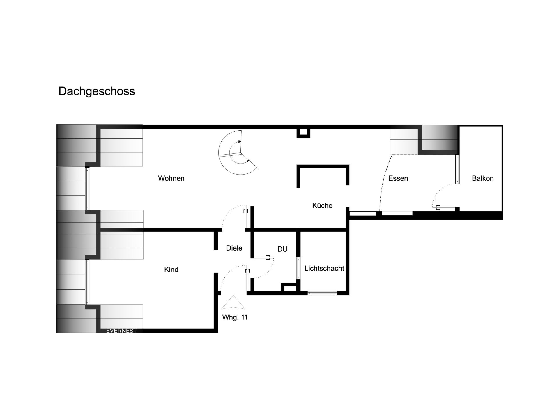Grundriss eines Dachgeschosses mit Zimmern für Wohnen, Kind, Küche, Essen, Balkon, Diele und Dusche.
