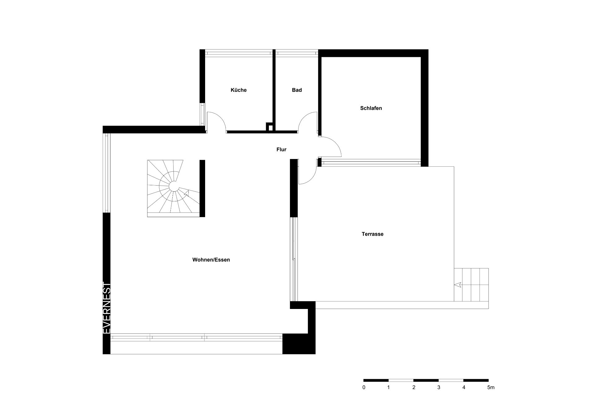 Grundriss einer Wohnung mit Wohn-/Essbereich, Küche, Bad, Schlafzimmer und Terrasse.