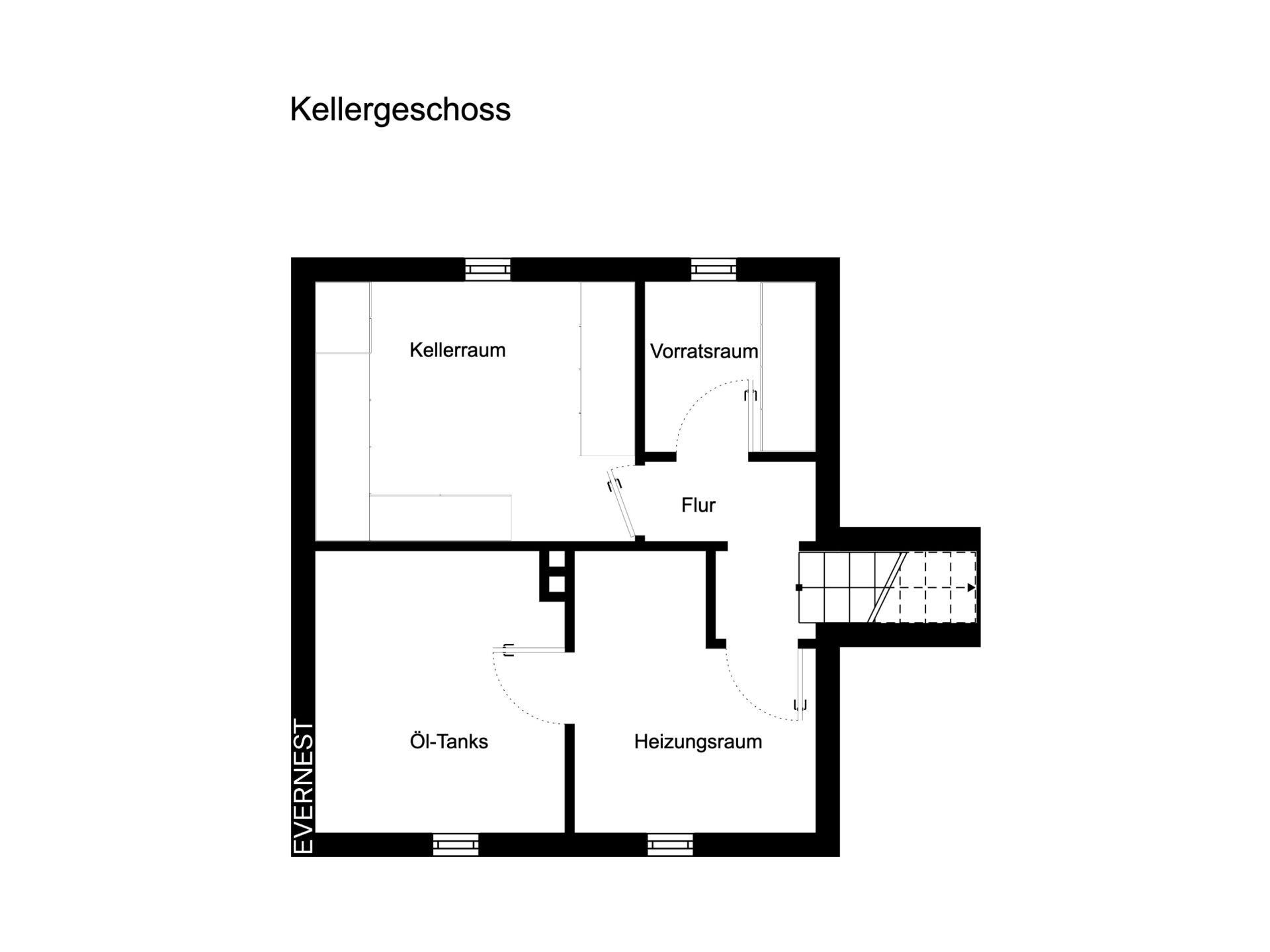 Grundriss eines Kellers mit Kellerraum, Vorratsraum, Heizungsraum, Öltanks und Flur.